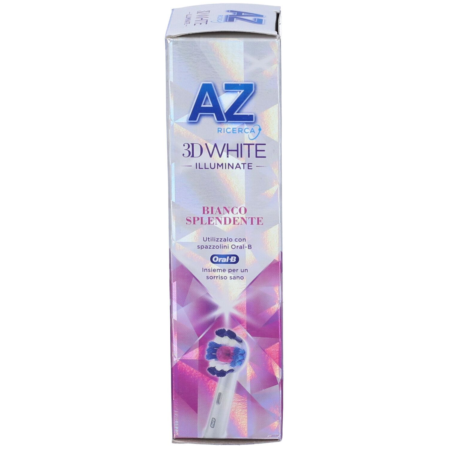 Confezione di dentifricio. Bianco con design rosa. Contiene il nome e il logo del prodotto. Contiene testo sullo sbiancamento.