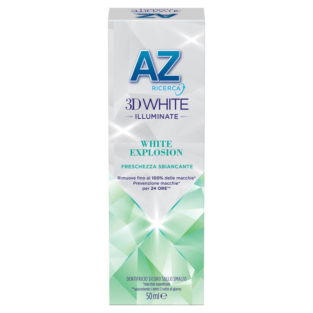 Confezione di dentifricio. Design bianco e verde con nome e logo del prodotto. Contiene testo su sbiancamento e freschezza.