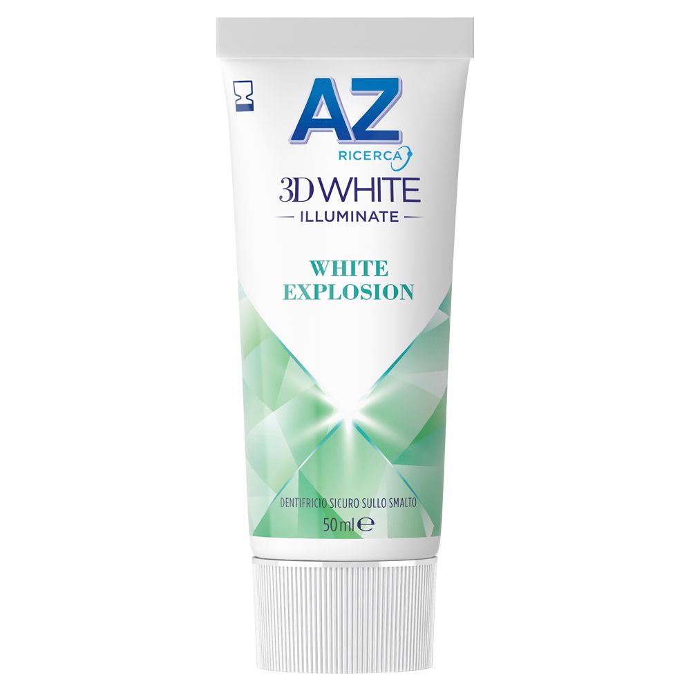 Tubo di dentifricio. Bianco con design blu e verde. Contiene il nome e il logo del prodotto. Contiene testo su sbiancamento e freschezza.