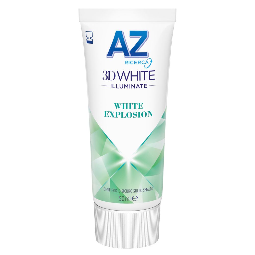 Tubo di dentifricio. Bianco con design blu e verde. Contiene il nome e il logo del prodotto. Contiene testo su sbiancamento e freschezza.