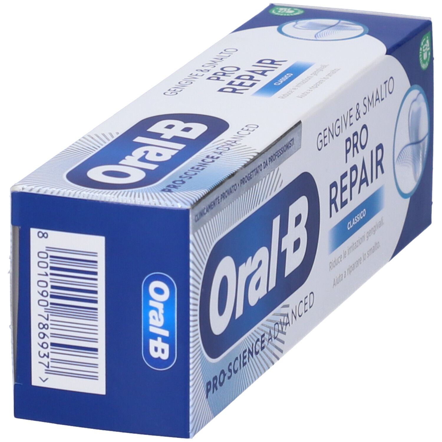Confezione di dentifricio Oral-B Pro-Science Advanced, Gengive & Smalto Pro-Repair Classico. Scatola bianca e blu.
