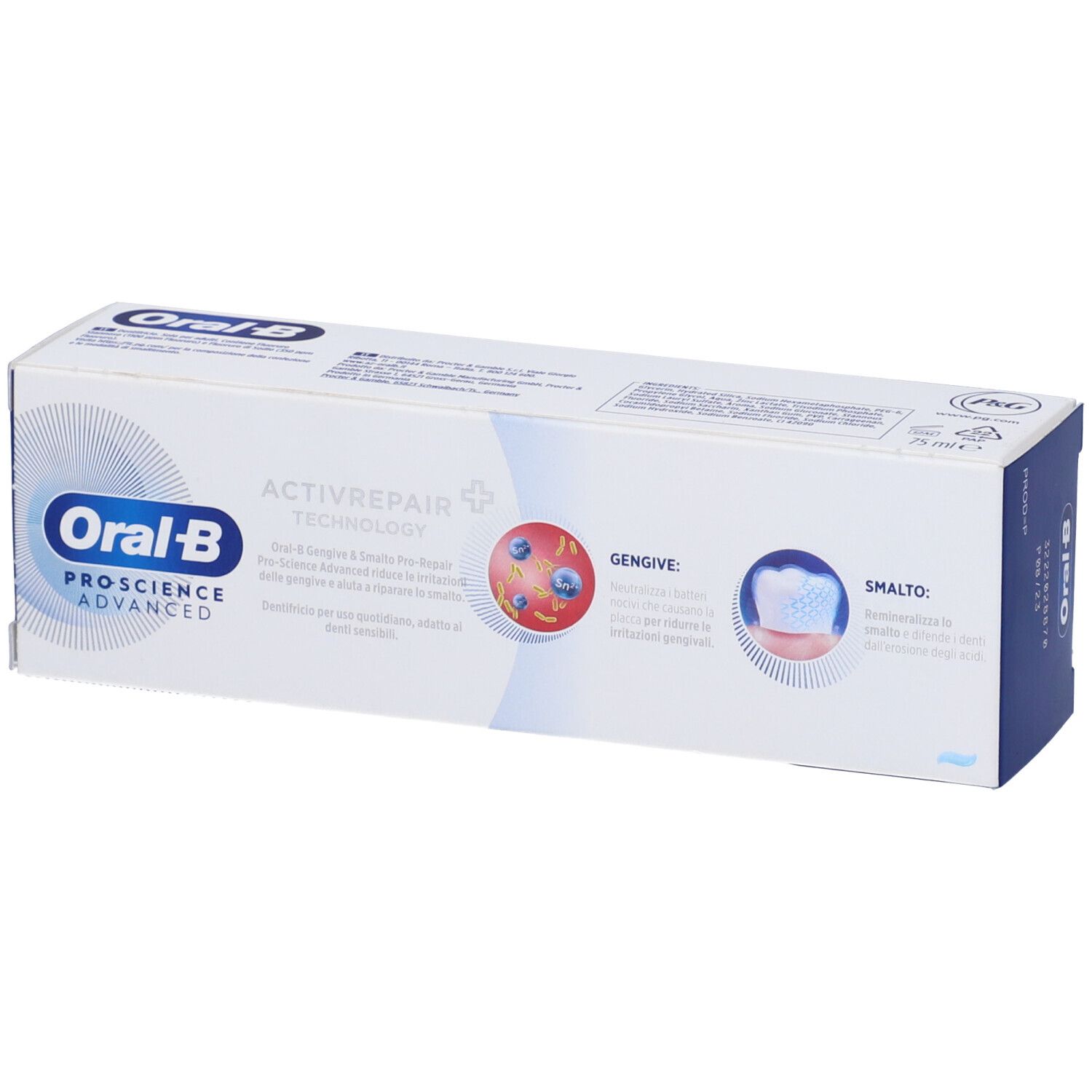 Confezione di dentifricio Oral-B Pro-Science Advanced, ActivRepair Technology. Scatola bianca con dettagli blu.