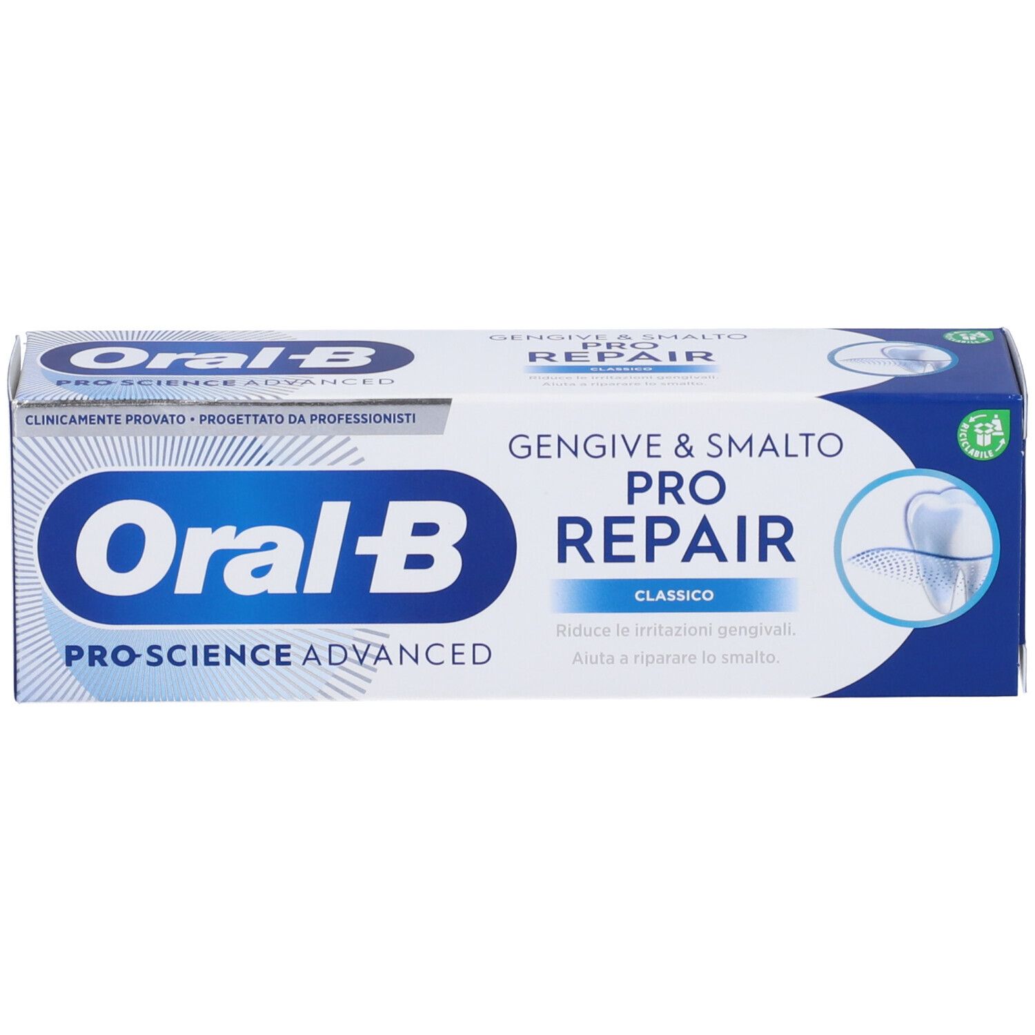 Confezione di dentifricio Oral-B Pro-Science Advanced, Gengive & Smalto Pro-Repair Classico. Scatola bianca e blu.