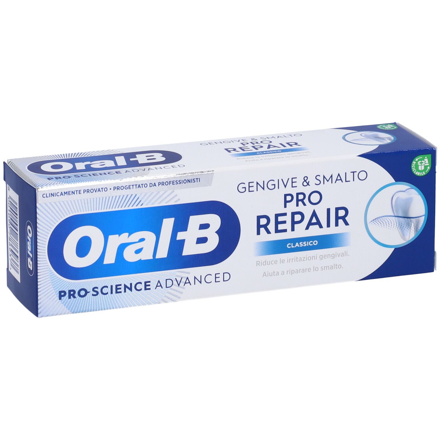 Confezione di dentifricio Oral-B Pro-Science Advanced, Gengive & Smalto Pro-Repair Classico. Scatola bianca e blu.