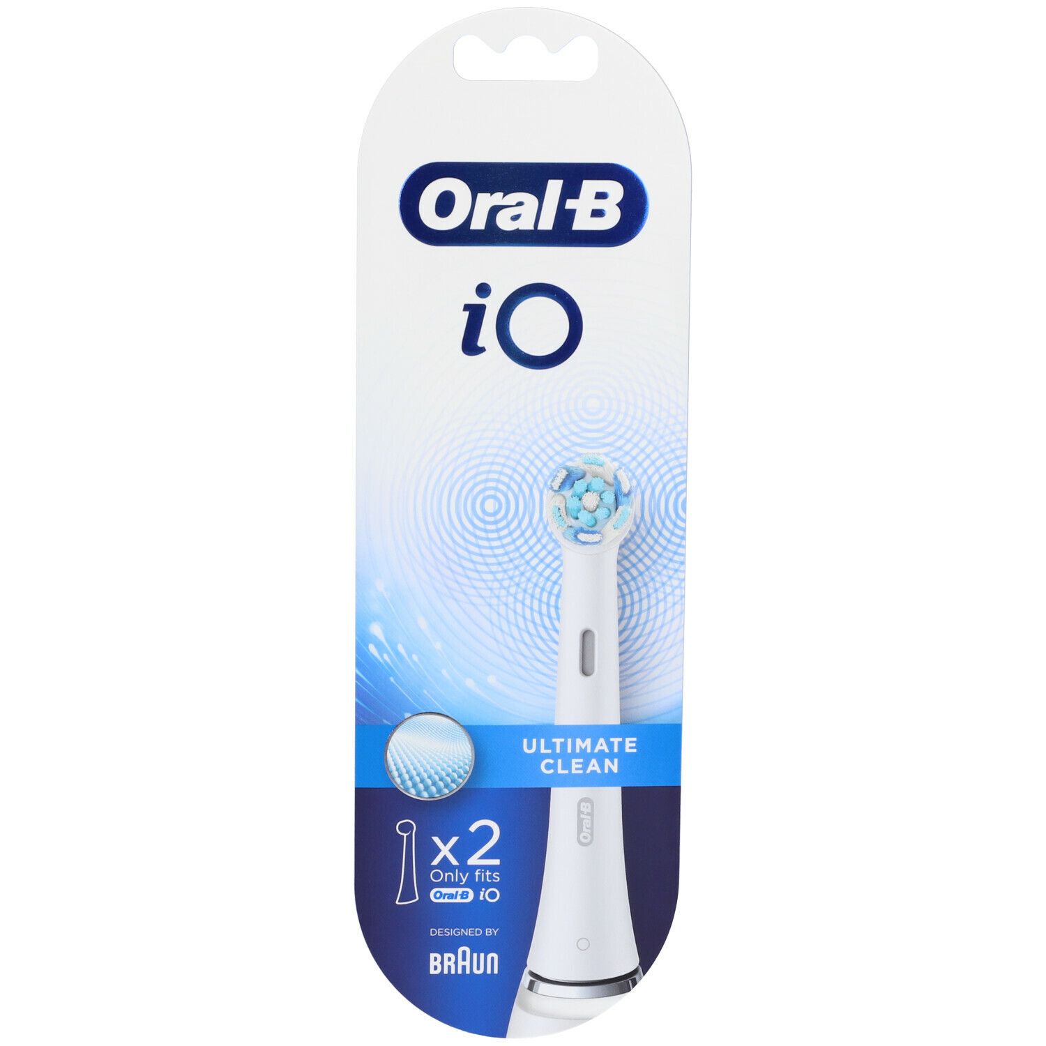 Due testine Oral-B iO Ultimate Clean in confezione blister. Setole blu e bianche, testina bianca.