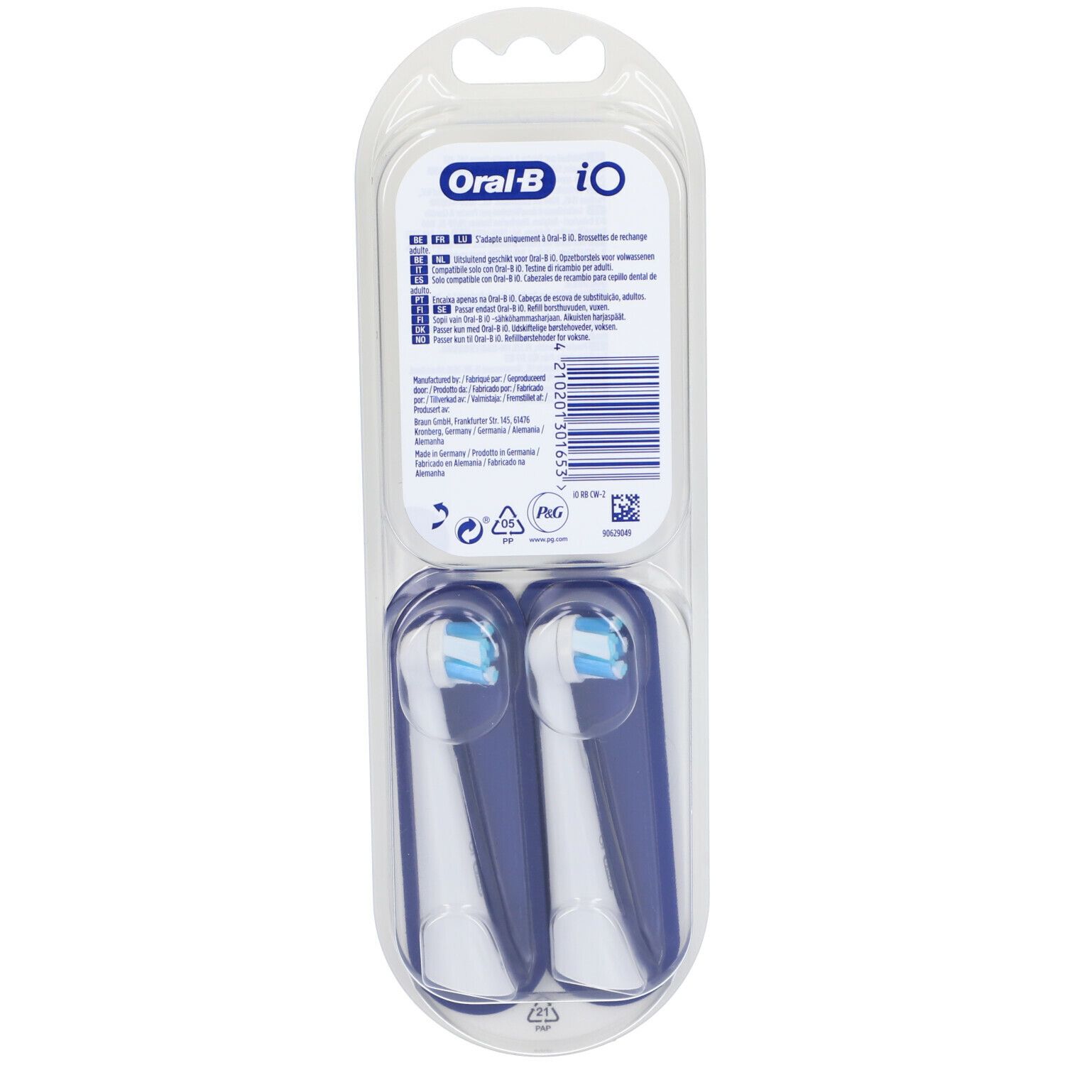 Retro della confezione con due testine Oral-B iO Ultimate Clean. Informazioni sul prodotto e codice a barre.