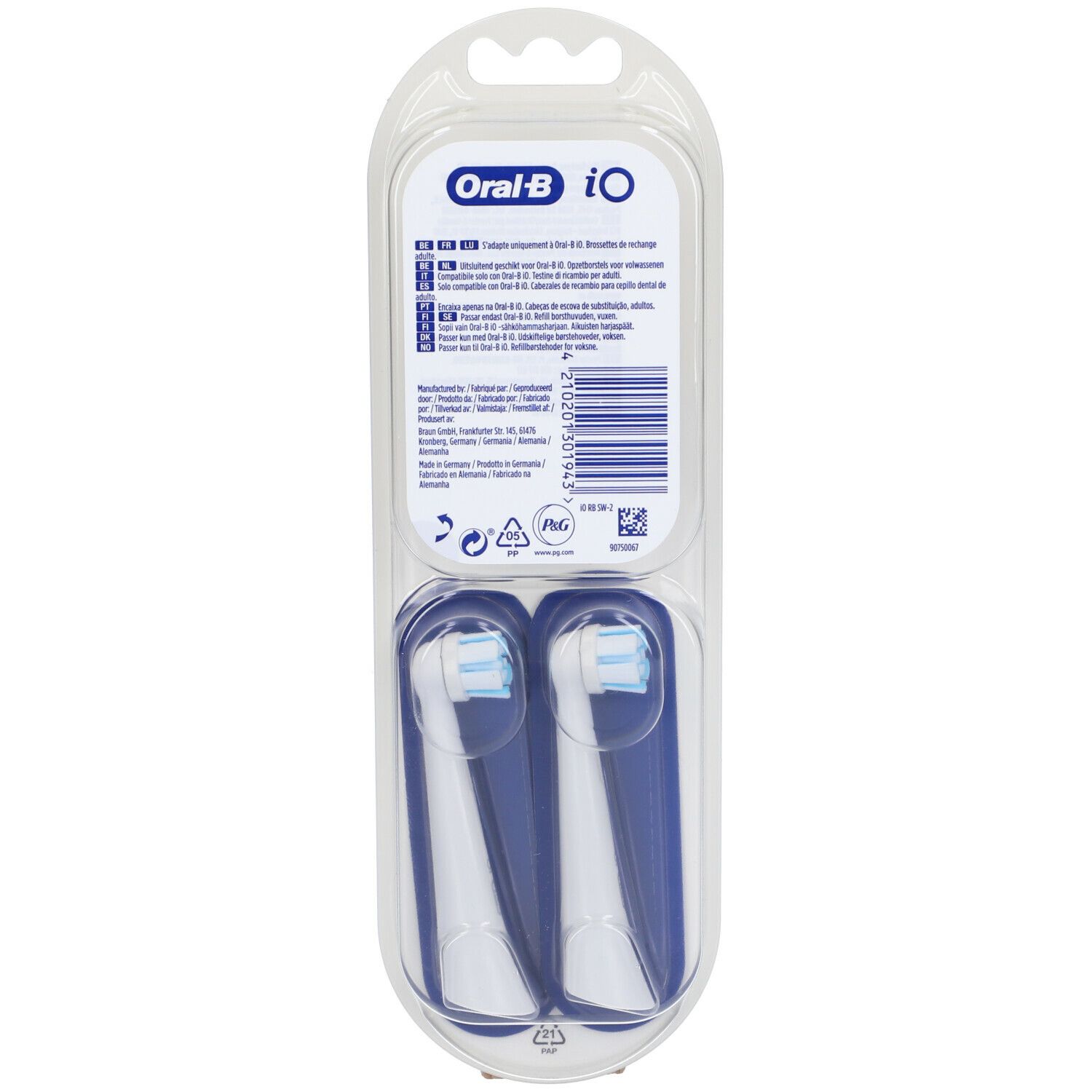 Oral-B iO Gentle Care. Due testine di ricambio in blister. Retro con informazioni e codice a barre.