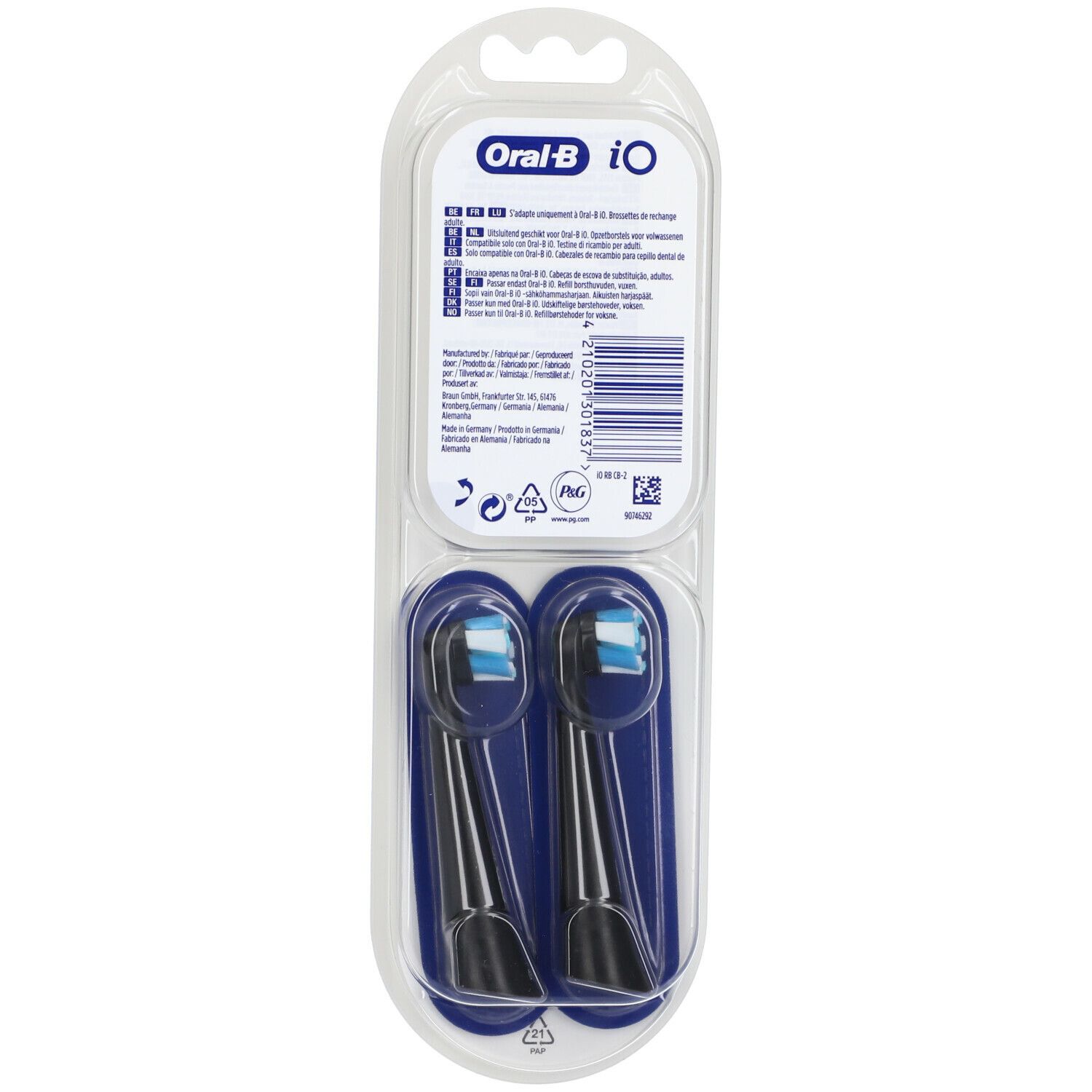 Retro della confezione blister con due testine Oral-B iO Ultimate Clean. Testine nere con setole blu.