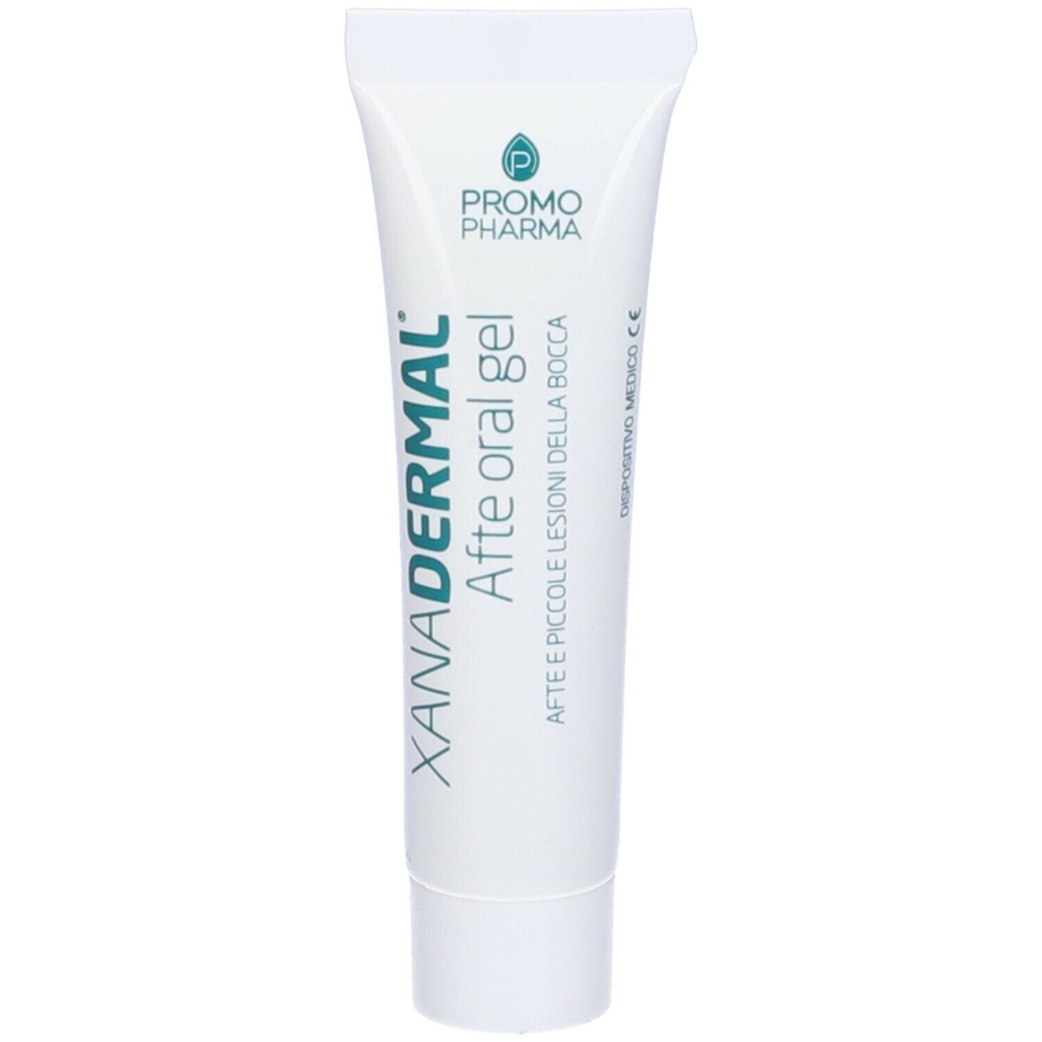 Tubo bianco con stampa verde e blu. Testo: XANADERMAL Afte oral gel. Marchio Promo Pharma.