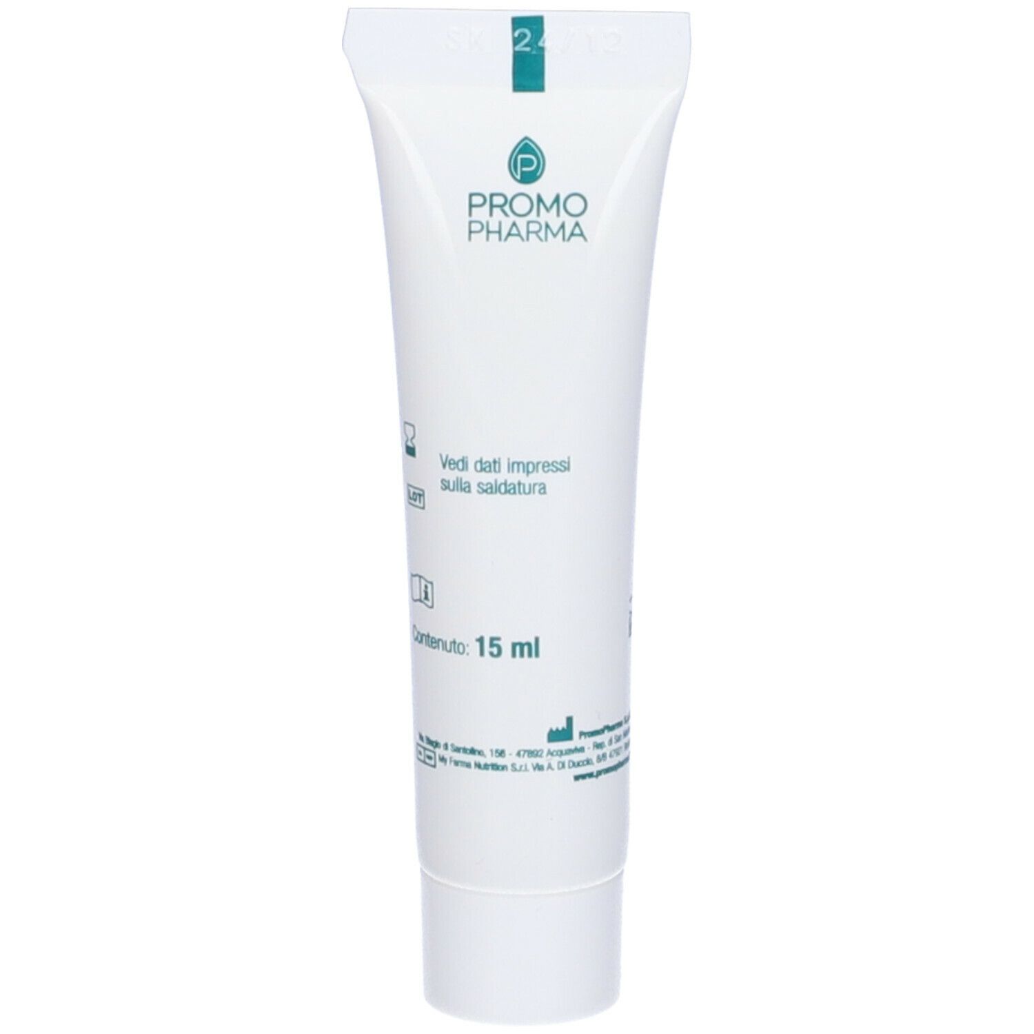 Tubo bianco con stampa verde. Testo: 15 ml. Altri testi e loghi.