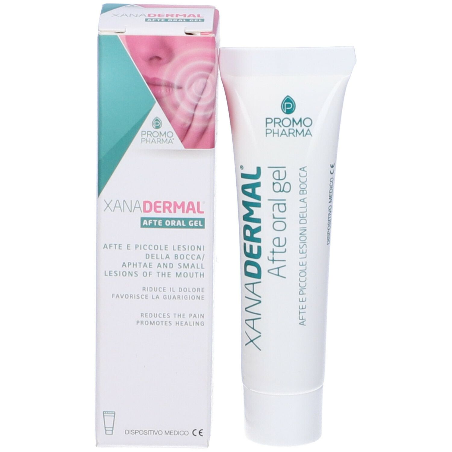 Confezione del prodotto con tubo e scatola. Testo: XANADERMAL Afte oral gel. Marchio Promo Pharma. Dispositivo medico.