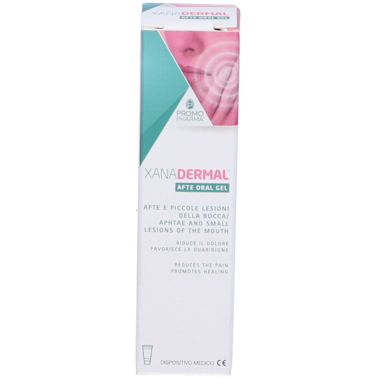Confezione del prodotto, scatola. Testo: XANADERMAL Afte oral gel. Marchio Promo Pharma. Dispositivo medico.