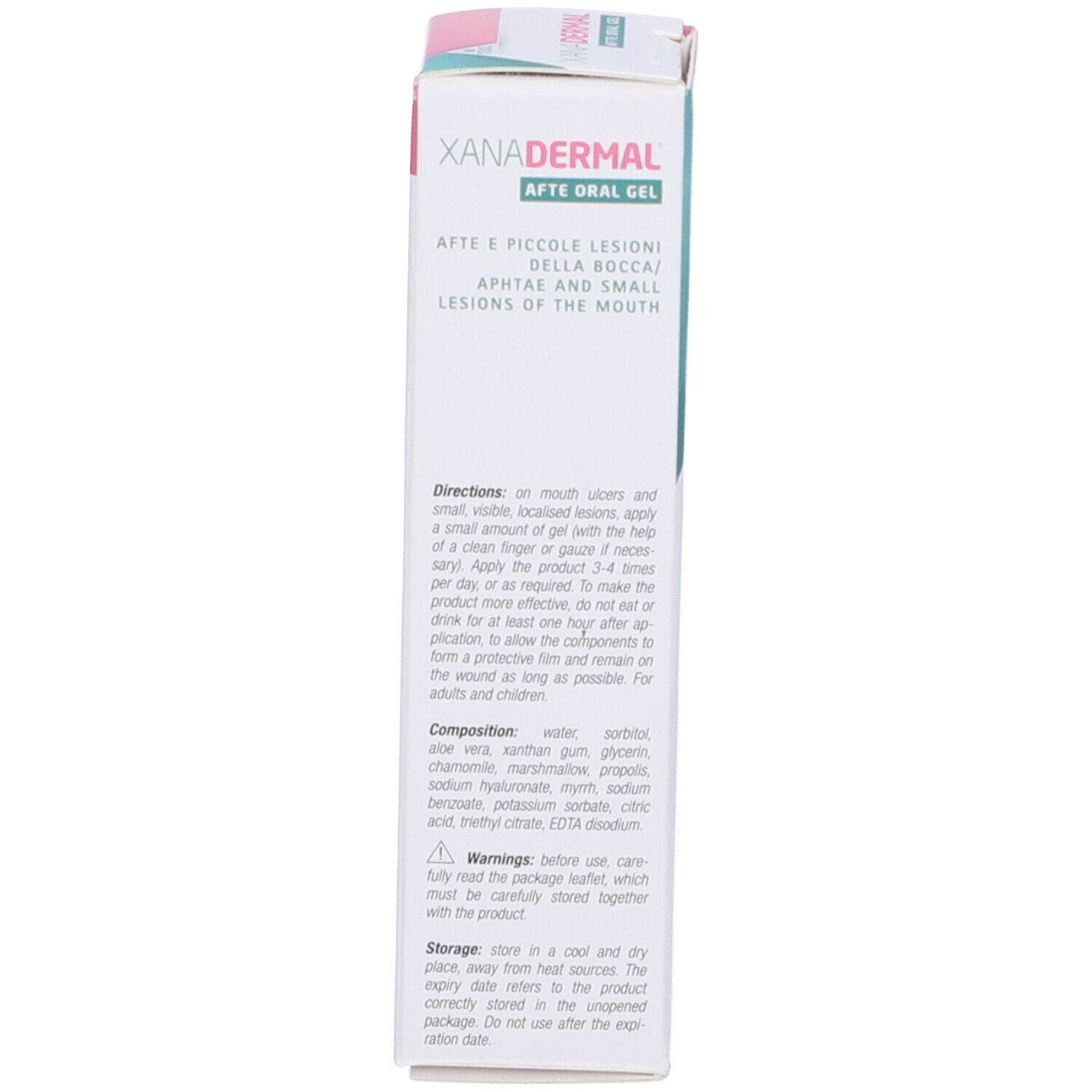 Scatola, retro. Testo: Istruzioni per l'uso, ingredienti, avvertenze. Dispositivo medico.
