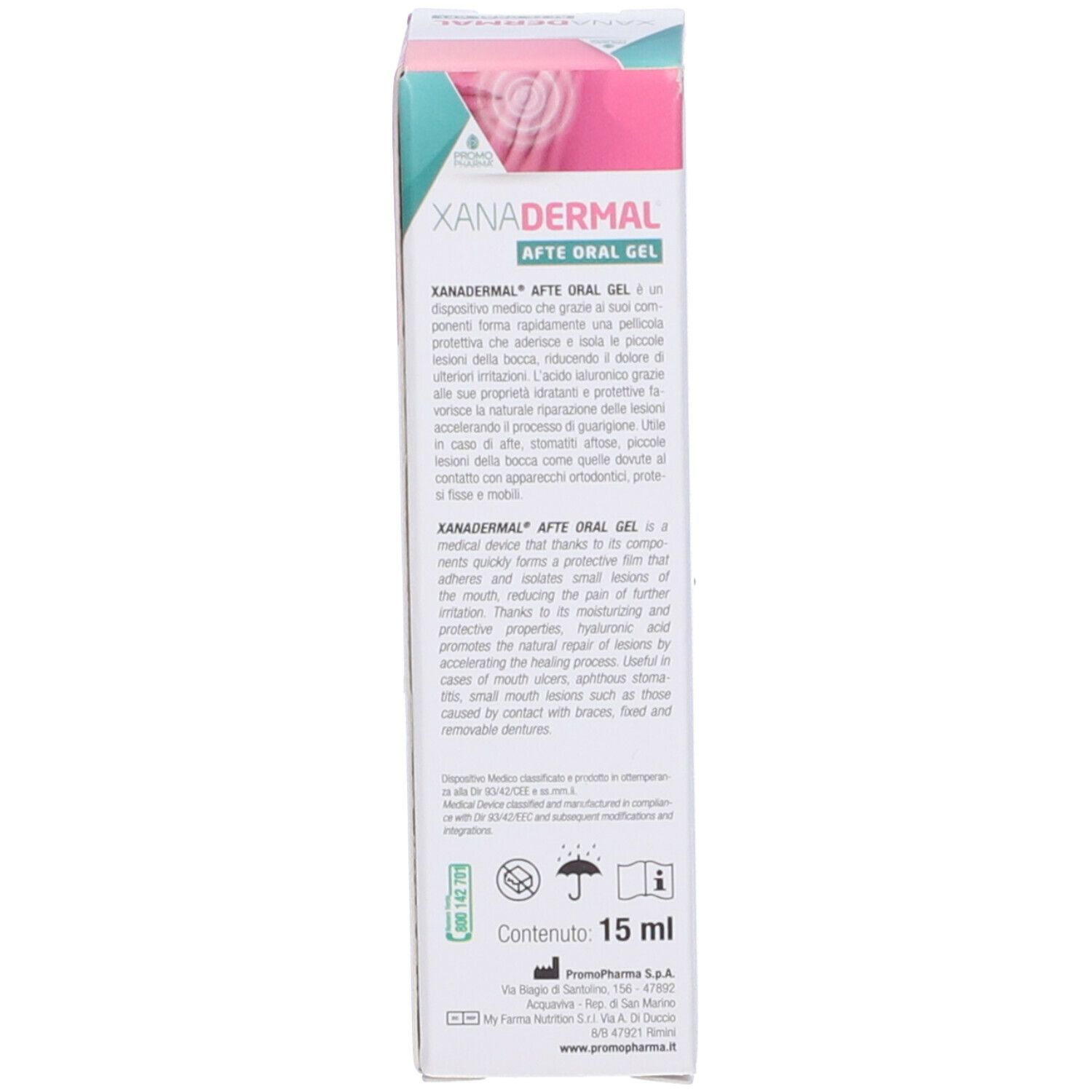 Scatola, lato. Testo: Descrizione del prodotto, ingredienti, informazioni del produttore. 15 ml.