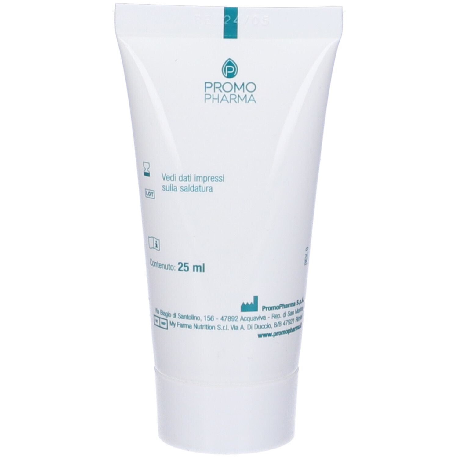 Retro del tubo bianco. Testo: 25 ml. Dispositivo medico.