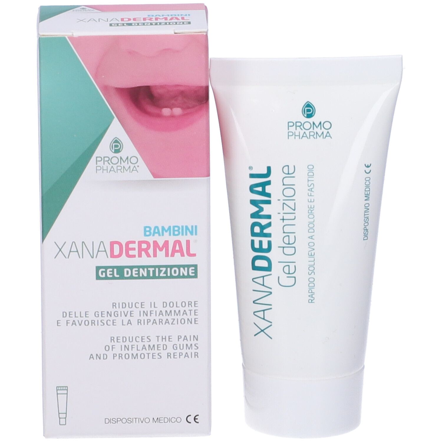 Confezione del prodotto con tubo e scatola. Testo: Xanadermal Gel Dentizione. Dispositivo medico.