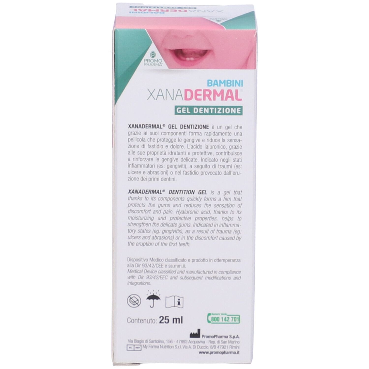 Confezione del prodotto, scatola, lato. Testo: Xanadermal Gel Dentizione, 25 ml. Dispositivo medico.