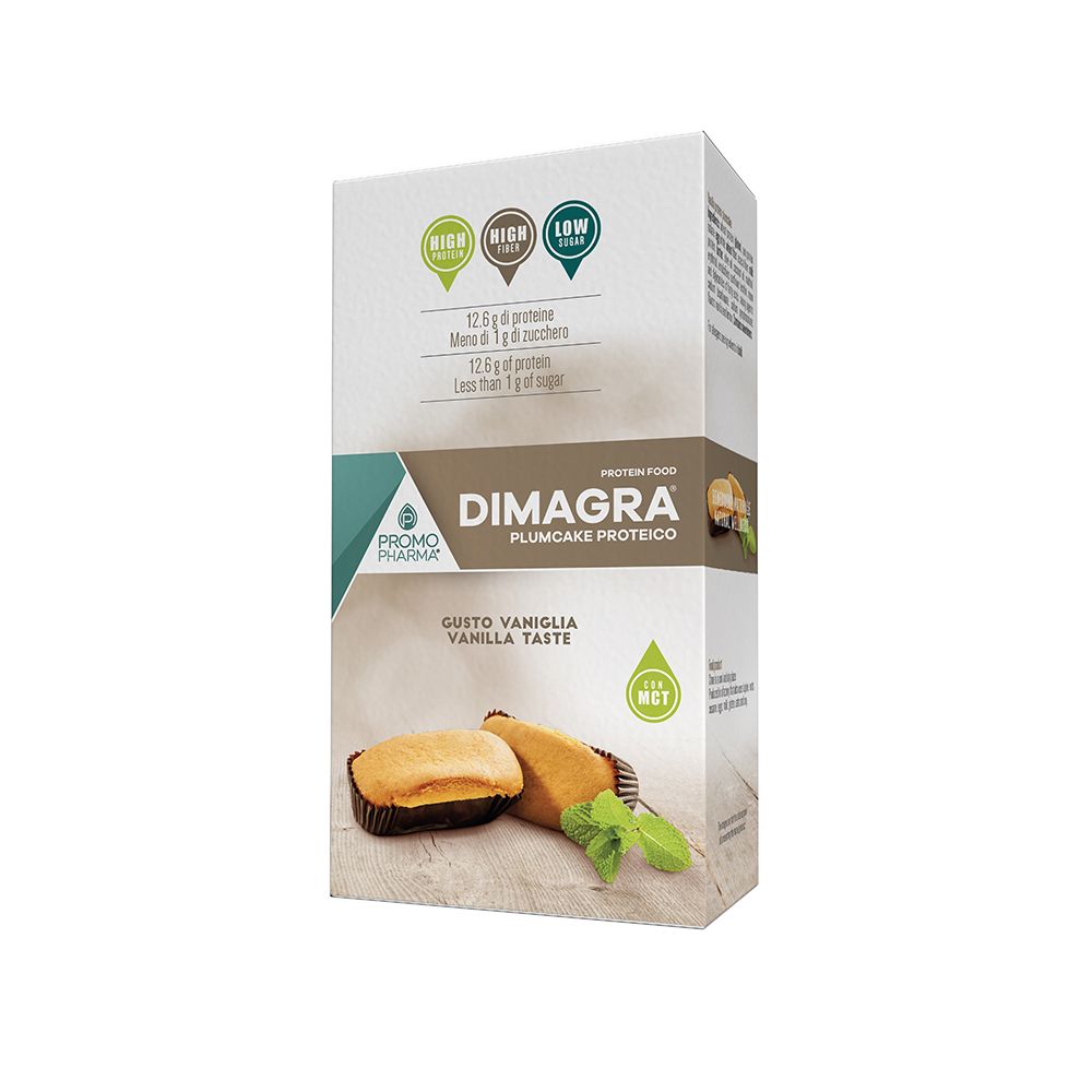 Confezione di Dimagra Plumcake Proteici. Scritte: 12,6 g proteine, meno di 1 g zucchero. Gusto vaniglia.