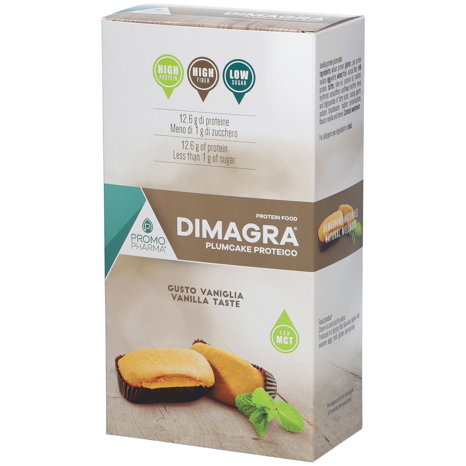 Confezione di Dimagra Plumcake Proteici. Scritte: 12,6 g proteine, meno di 1 g zucchero. Gusto vaniglia.