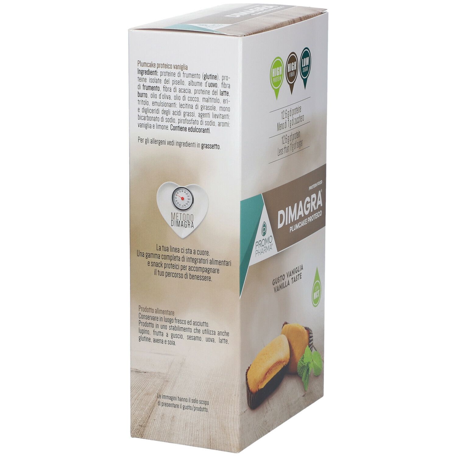 Lato della confezione di Dimagra Plumcake Proteici. Contiene informazioni sugli ingredienti e i valori nutrizionali.