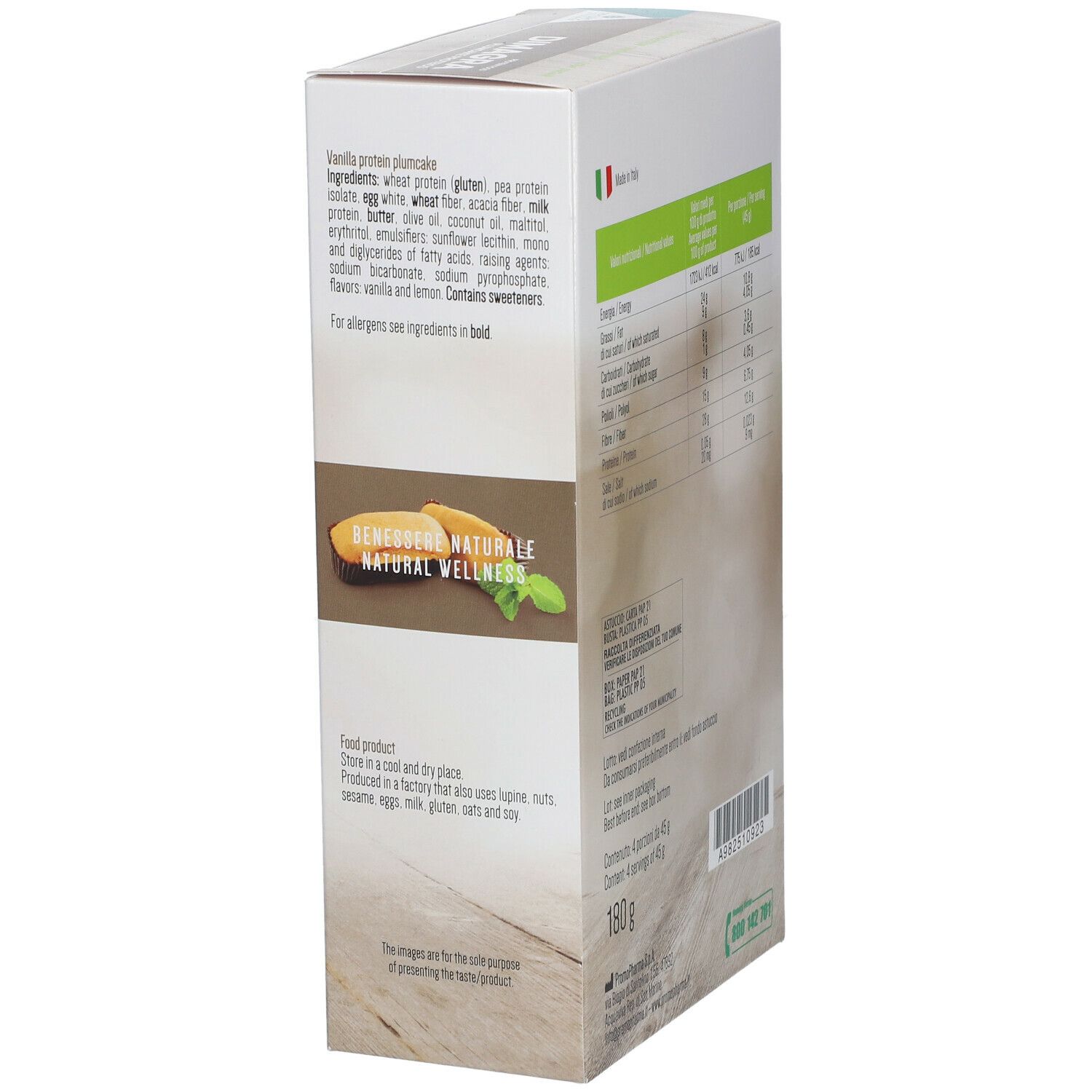 Lato della confezione di Dimagra Plumcake Proteici. Contiene informazioni sugli ingredienti e i valori nutrizionali.
