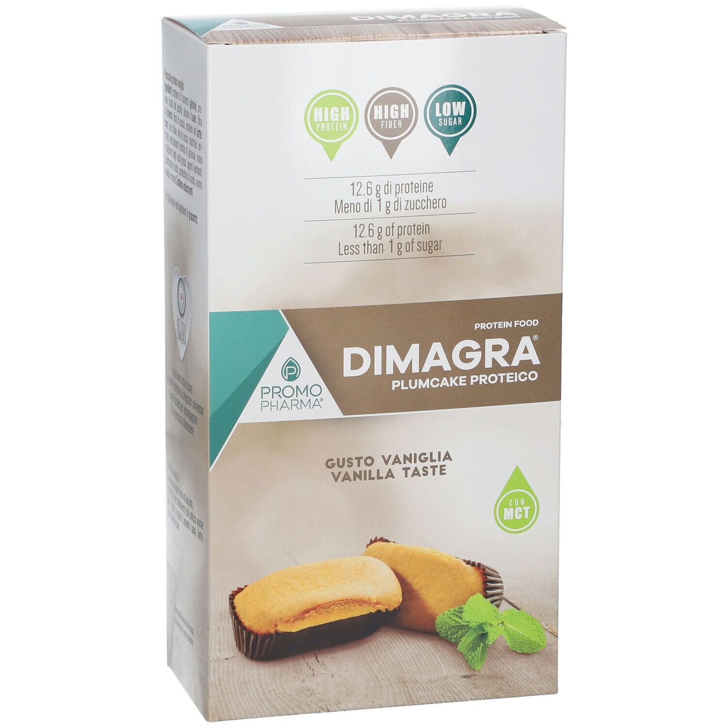 Confezione di Dimagra Plumcake Proteici. Scritte: 12,6 g proteine, meno di 1 g zucchero. Gusto vaniglia.
