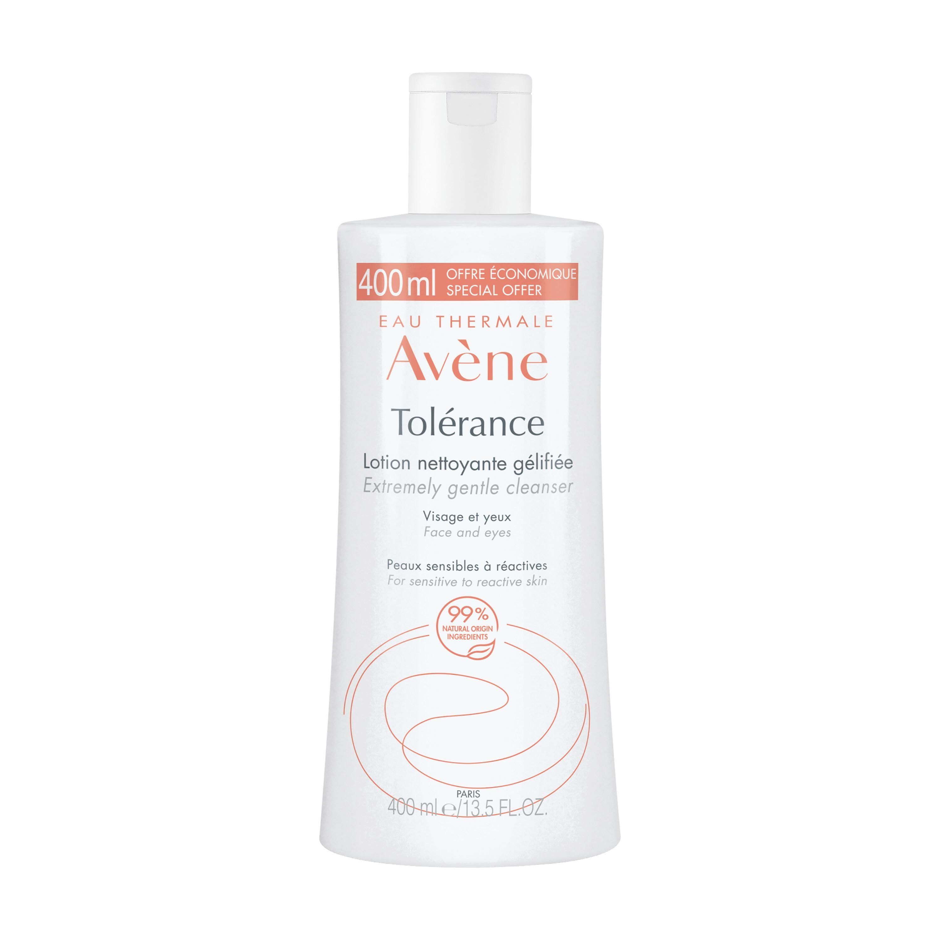 Flacone bianco con tappo bianco. Scritta: Eau Thermale Avène Tolérance, 400ml. Per pelli sensibili.
