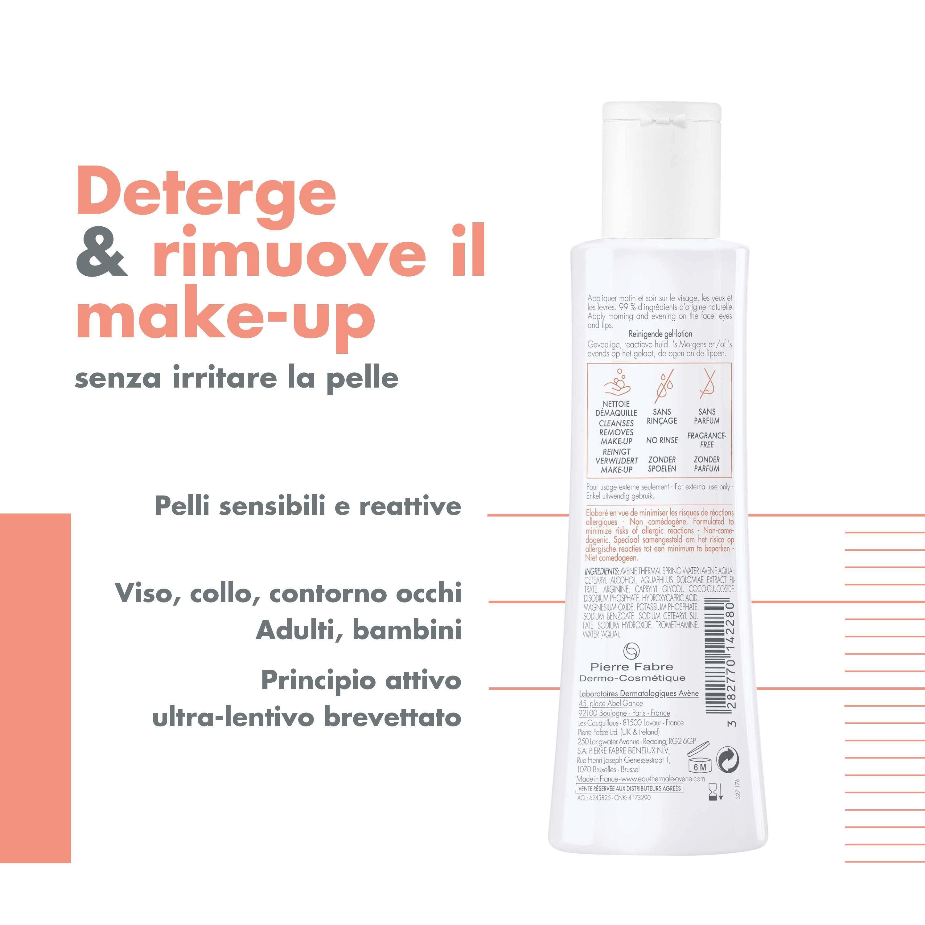 Retro del flacone con testo. Deterge e rimuove il trucco. Per pelli sensibili. Viso, collo e occhi.