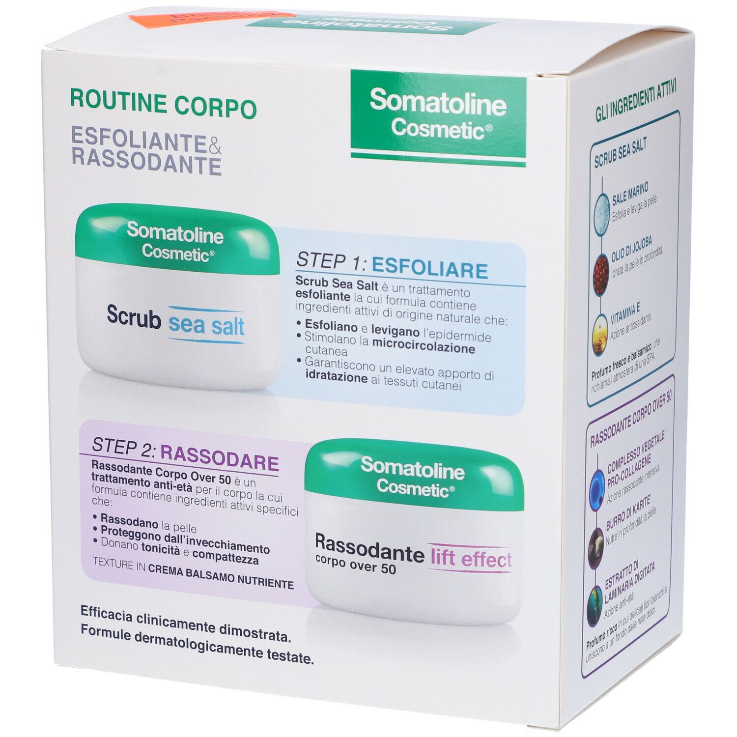 Retro confezione Routine Corpo Somatoline Cosmetic. Istruzioni per l'uso di Scrub Sea Salt e Rassodante lift effect.