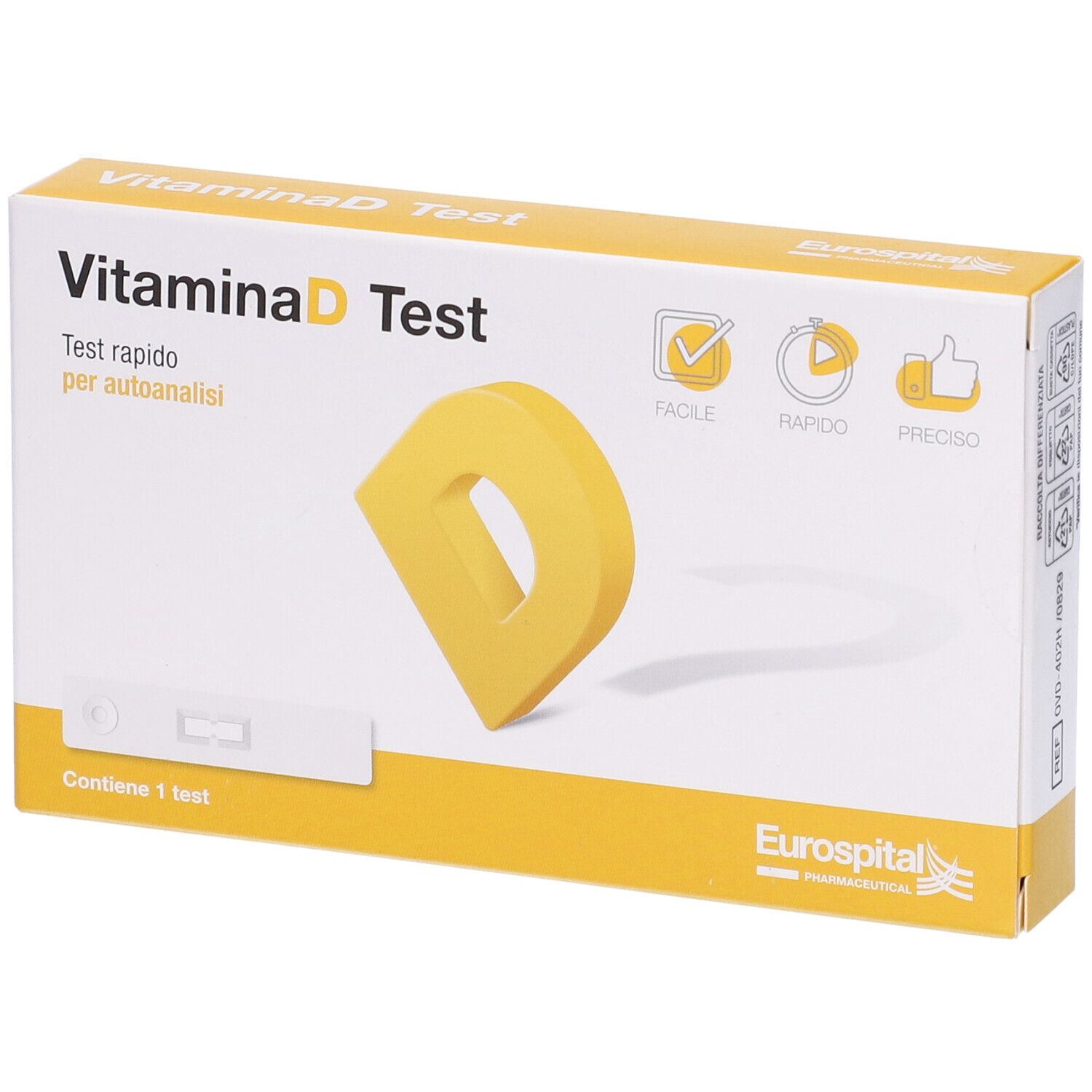 Confezione del test della vitamina D. Contiene una striscia reattiva e una forma a D gialla. Testo: 'Vitamina D Test', 'Test rapido per autoanalisi'.