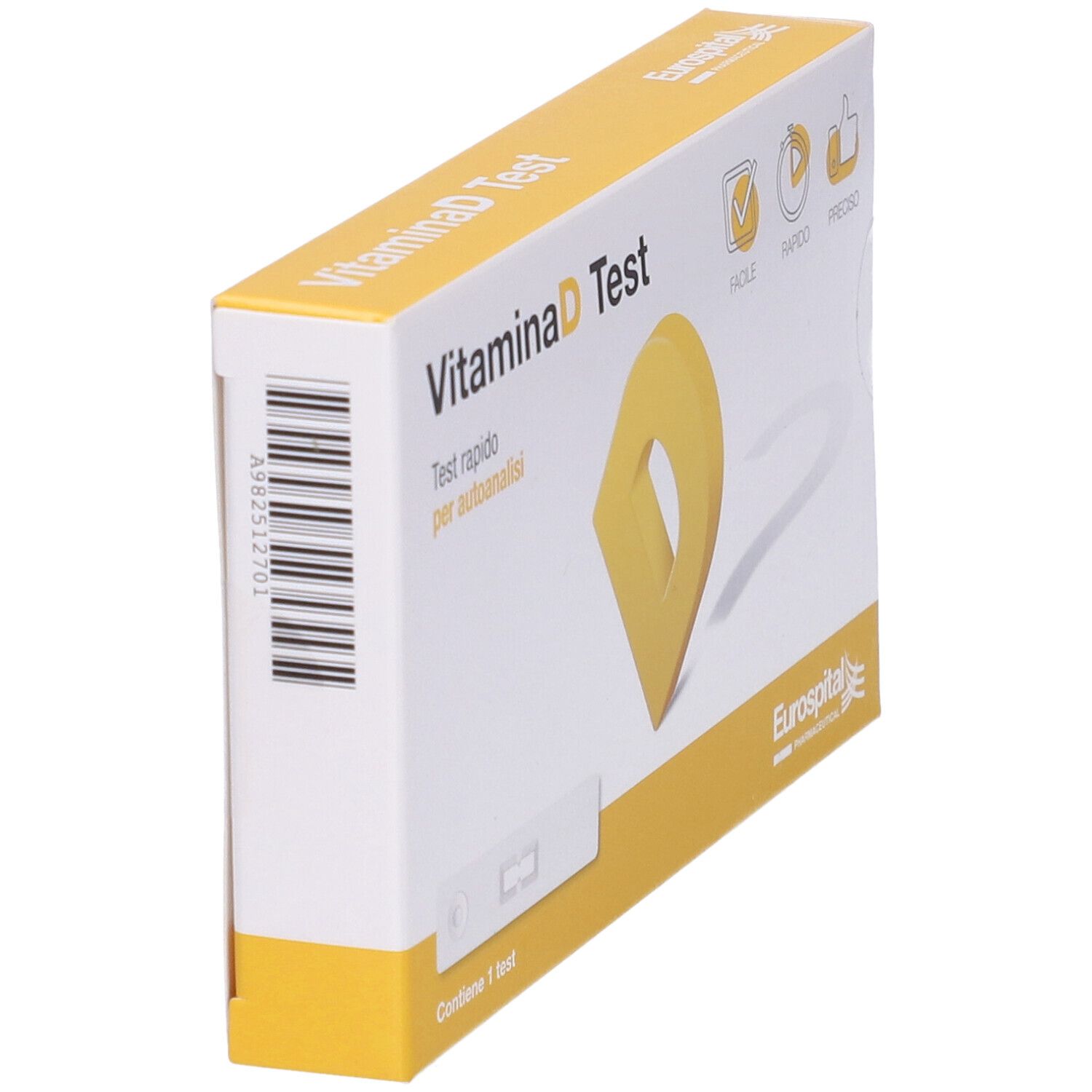 Vista obliqua della confezione del test della vitamina D. Contiene una striscia reattiva e una forma a D gialla. Testo: 'Vitamina D Test', 'Test rapido per autoanalisi'.