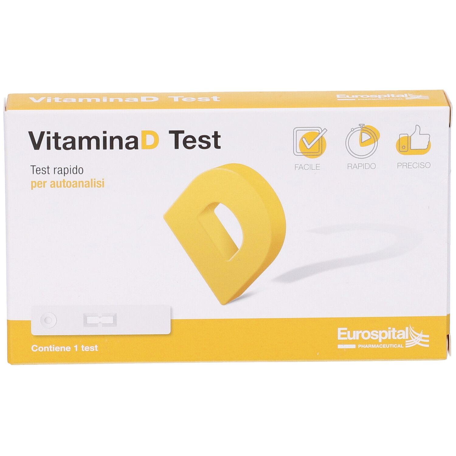 Confezione del test della vitamina D. Contiene una striscia reattiva e una forma a D gialla. Testo: 'Vitamina D Test', 'Test rapido per autoanalisi'.