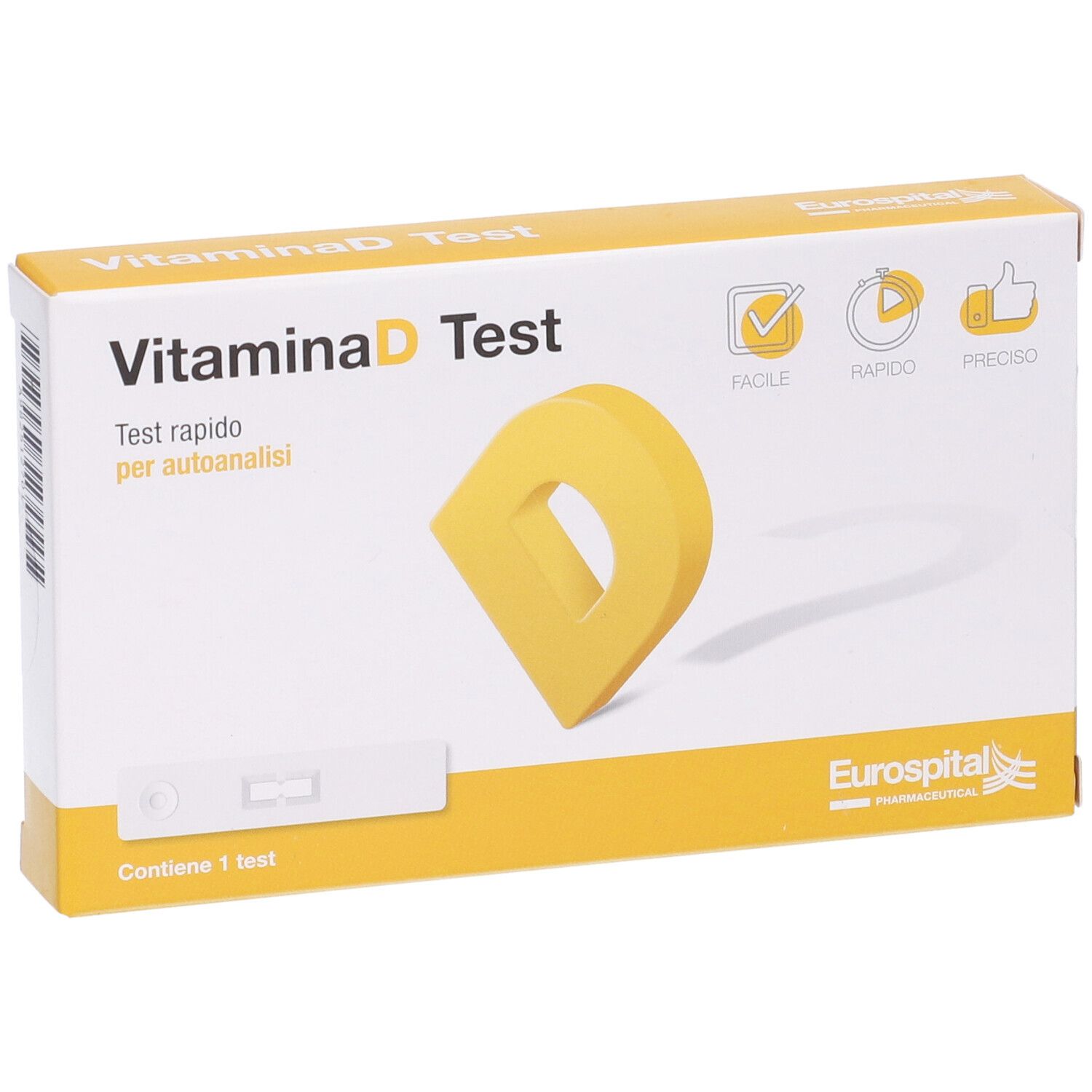Confezione del test della vitamina D. Contiene una striscia reattiva e una forma a D gialla. Testo: 'Vitamina D Test', 'Test rapido per autoanalisi'.