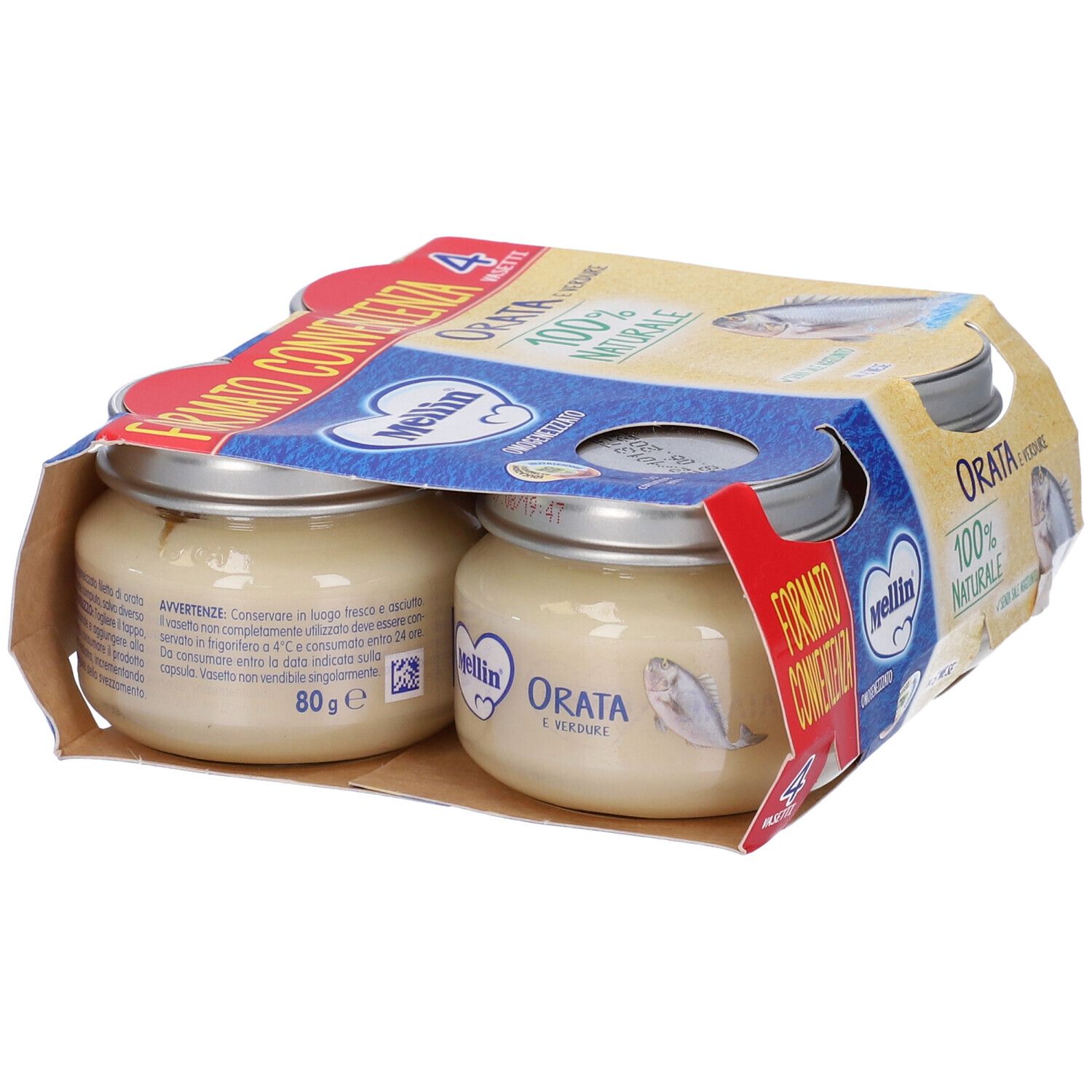 Confezione da due vasetti Mellin Omogeneizzato Orata. Scritte: Orata e Verdure, 100% Naturale. Imballaggio marrone.
