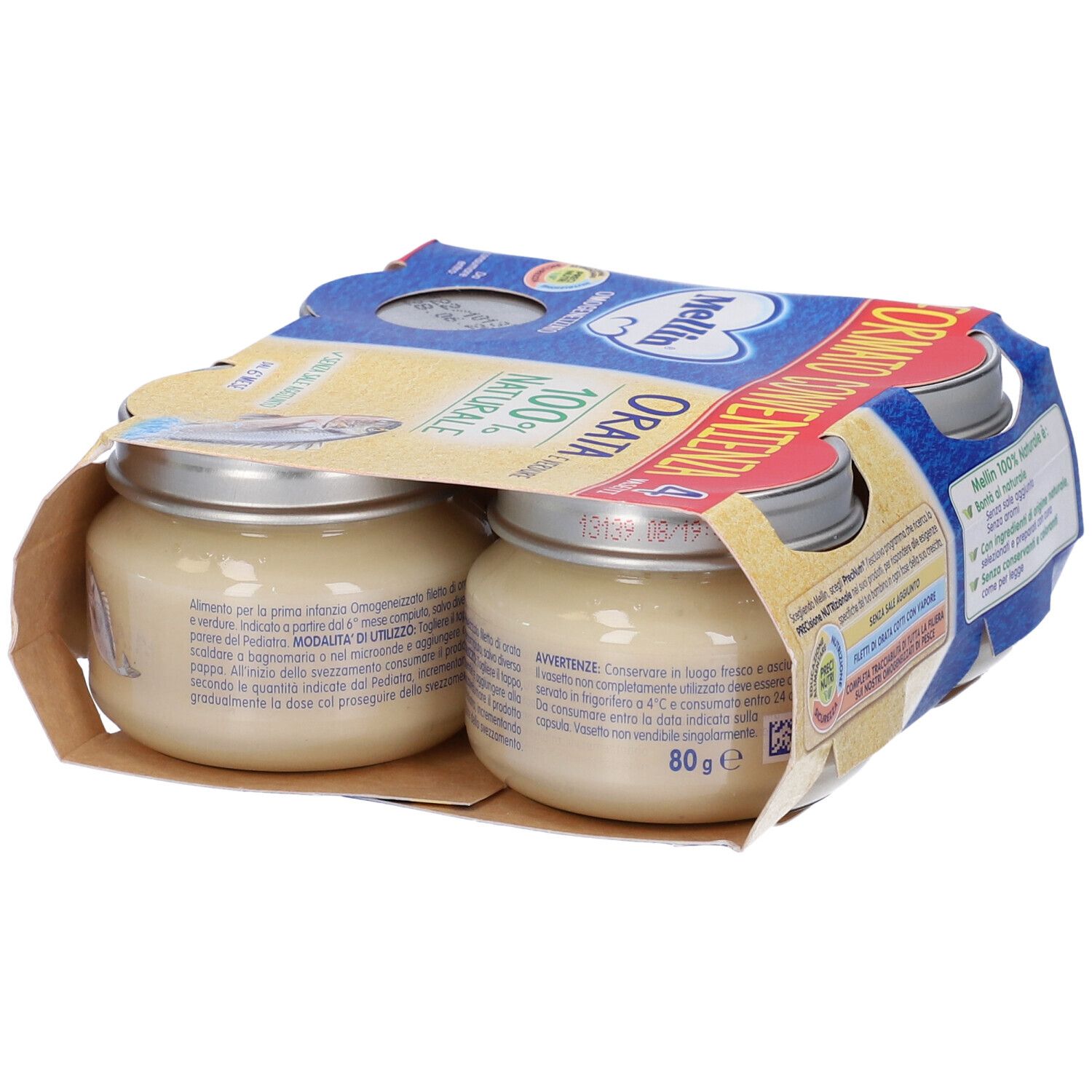 Confezione da due vasetti Mellin Omogeneizzato Orata. Scritte: Orata e Verdure, 100% Naturale. Imballaggio marrone.