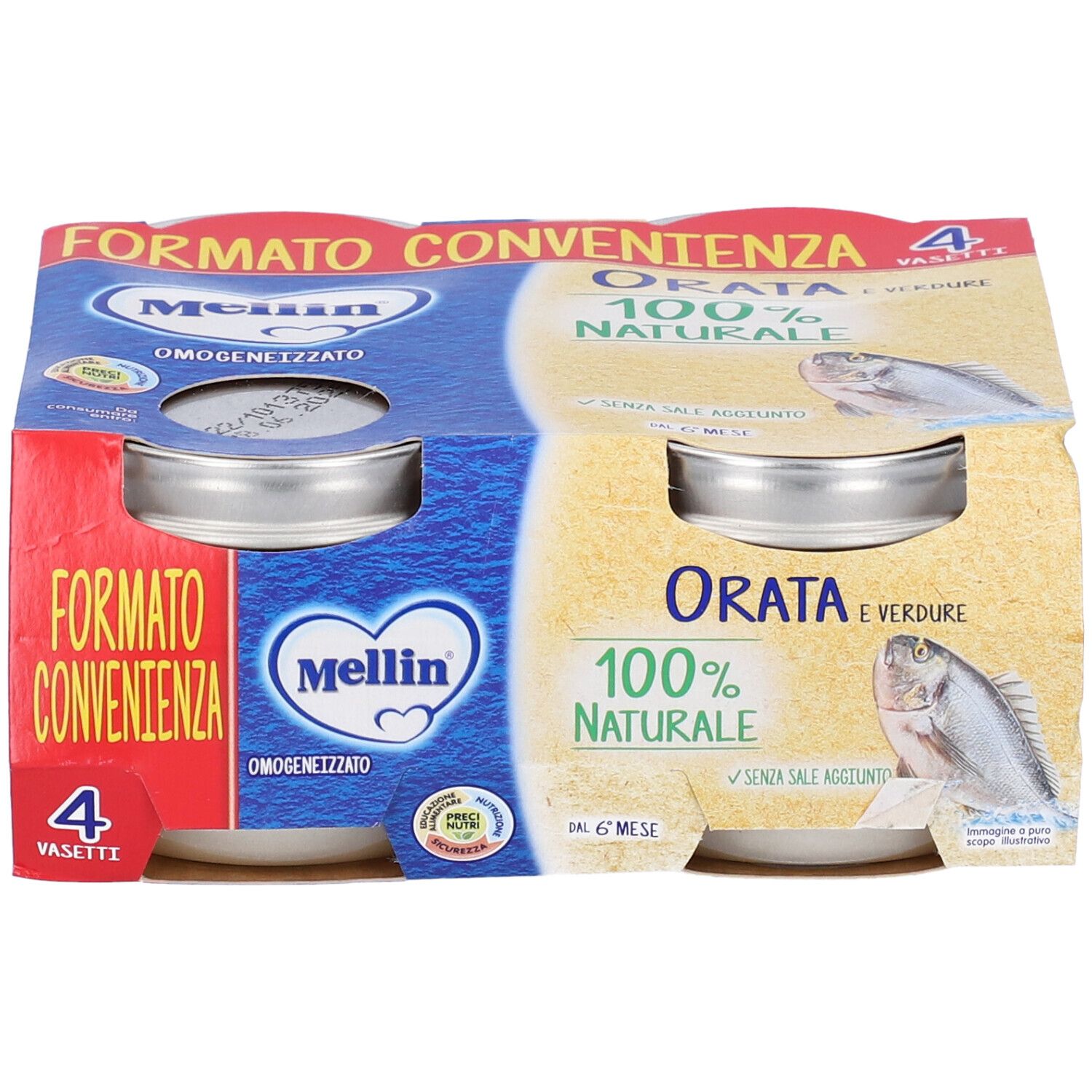 Confezione da quattro vasetti Mellin Omogeneizzato Orata. Scritte: Orata e Verdure, 100% Naturale. Imballaggio marrone.