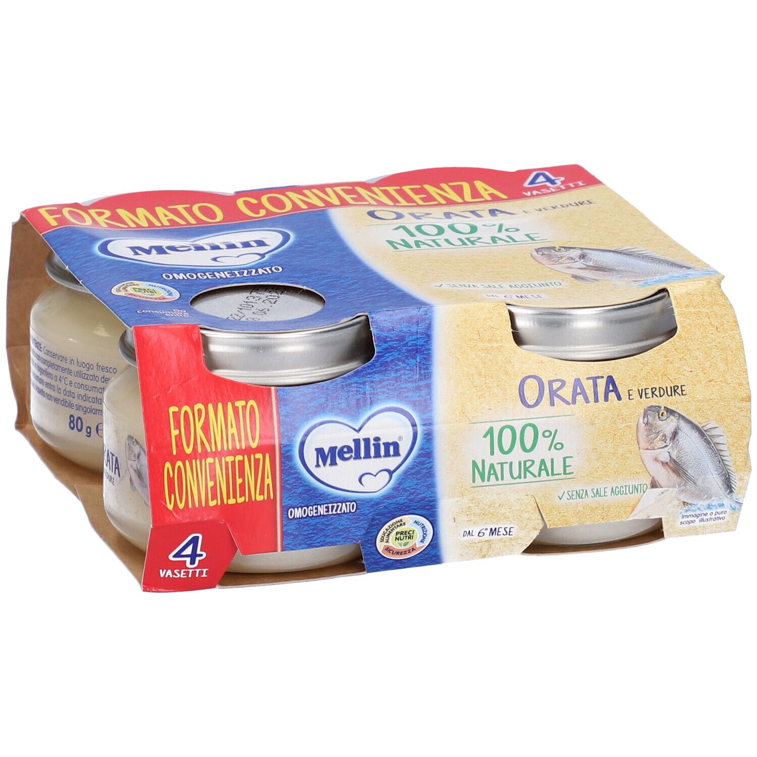 Confezione da quattro vasetti Mellin Omogeneizzato Orata. Scritte: Orata e Verdure, 100% Naturale. Imballaggio marrone.