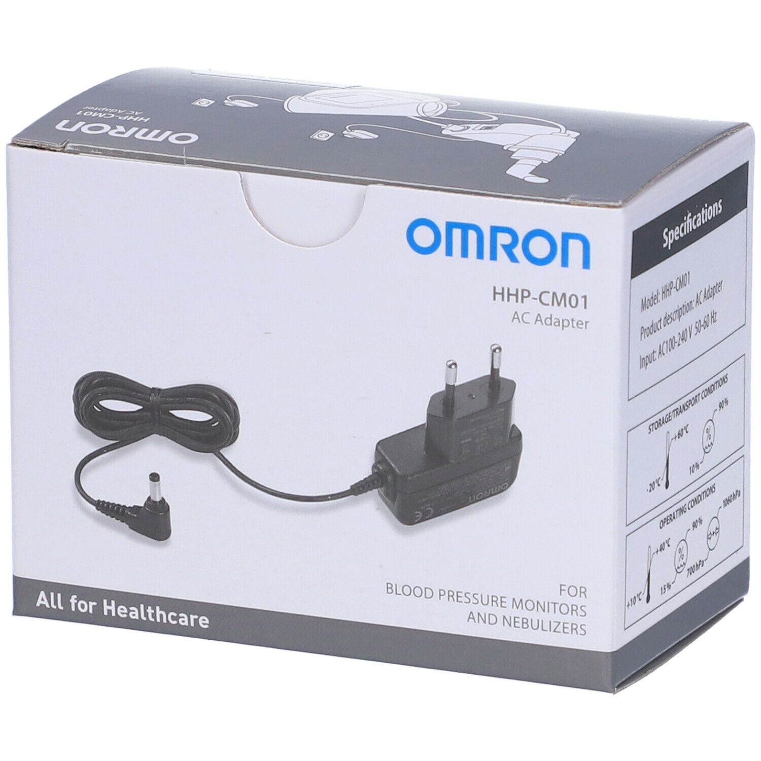 Adattatore CA OMRON HHP-CM01 in confezione. Adattatore nero con cavo e spina. Per misuratori di pressione e nebulizzatori.