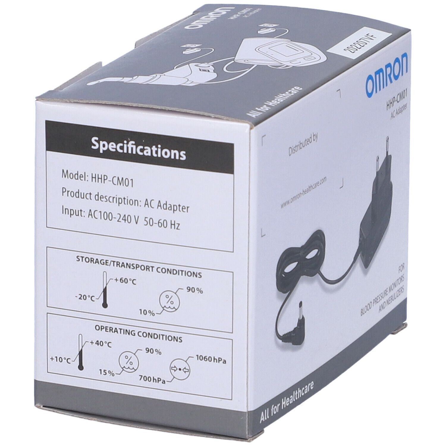 Confezione dell'adattatore CA OMRON HHP-CM01. Specifiche tecniche e condizioni di stoccaggio. Per misuratori di pressione e nebulizzatori.