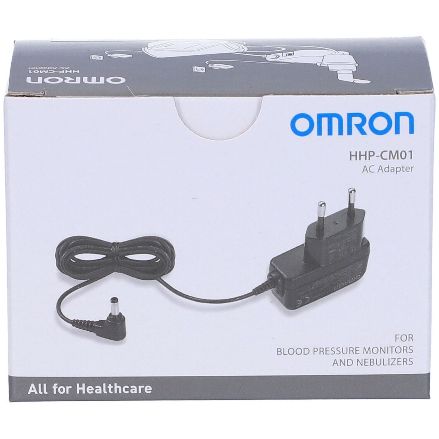 Adattatore CA OMRON HHP-CM01 in confezione. Adattatore nero con cavo e spina. Per misuratori di pressione e nebulizzatori.