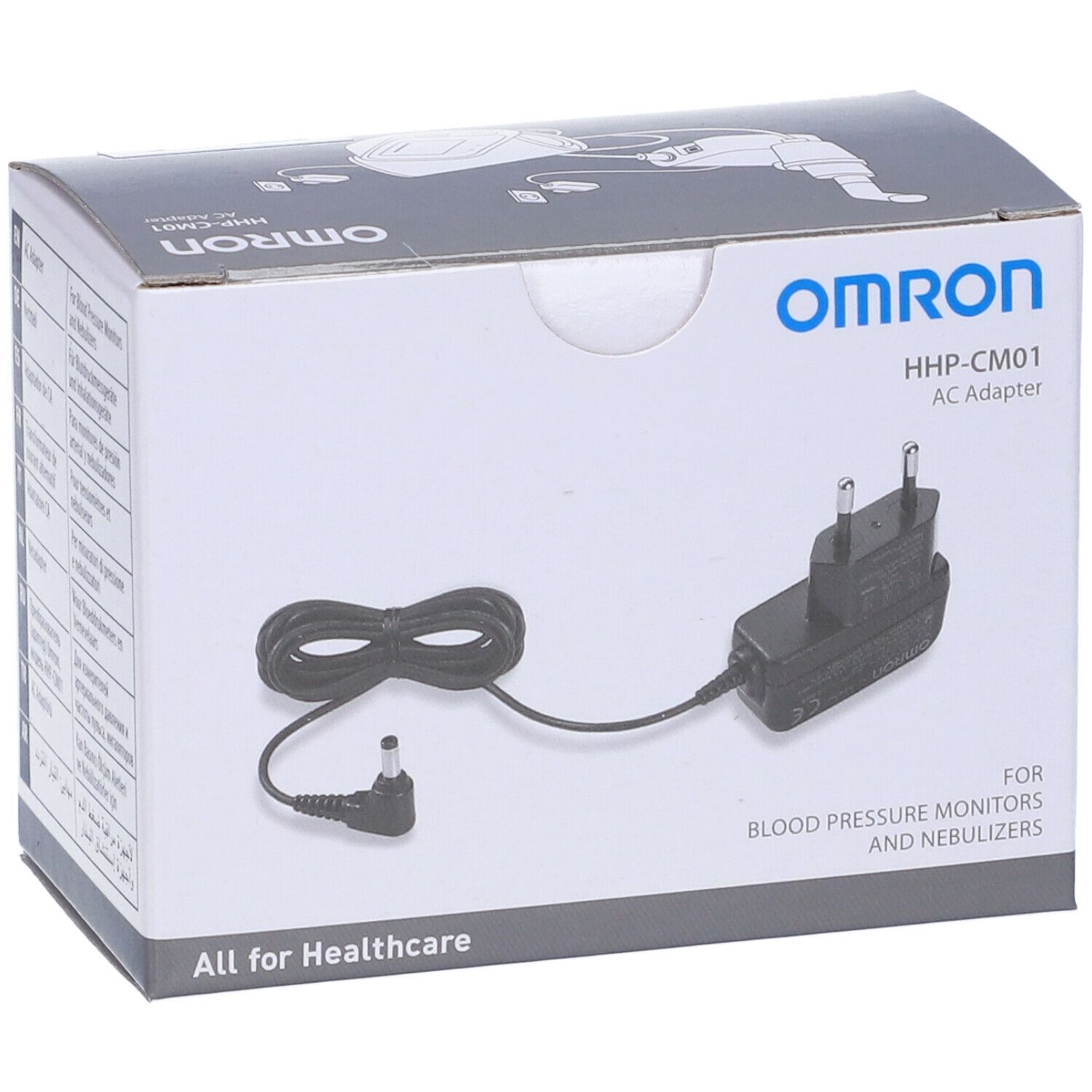 Adattatore CA OMRON HHP-CM01 in confezione. Adattatore nero con cavo e spina. Per misuratori di pressione e nebulizzatori.
