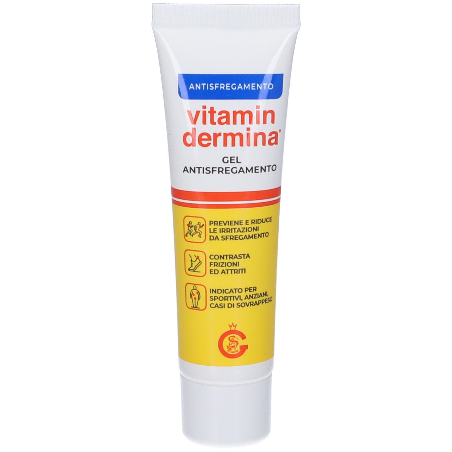 Tubo gel VitaminDermina® Anti-Müdigkeits-Gel. Gel anti-sfregamento. Tubo con scritte blu, gialle e rosse.