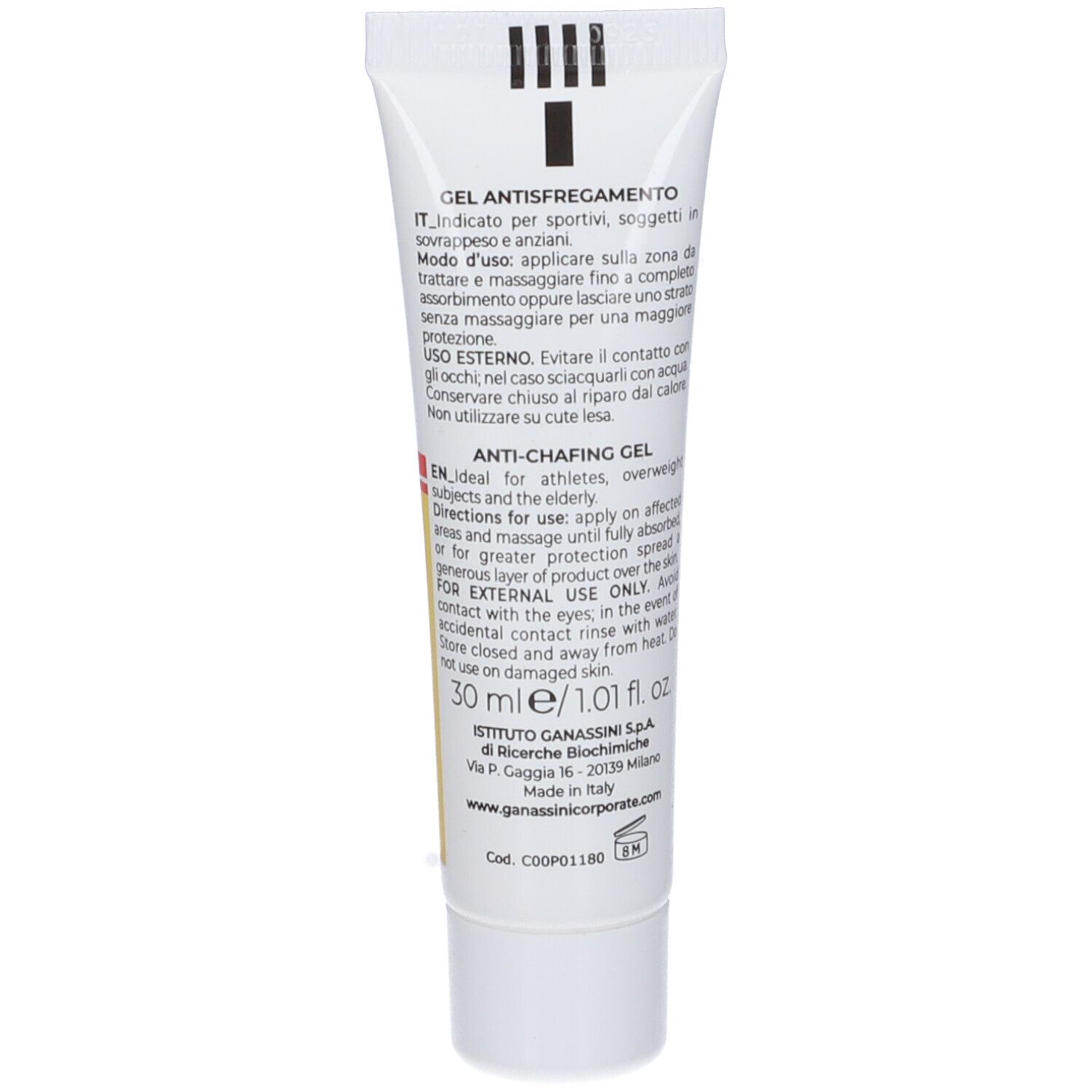 Retro del tubo gel. Testo in italiano e inglese. 30 ml. Informazioni del produttore.