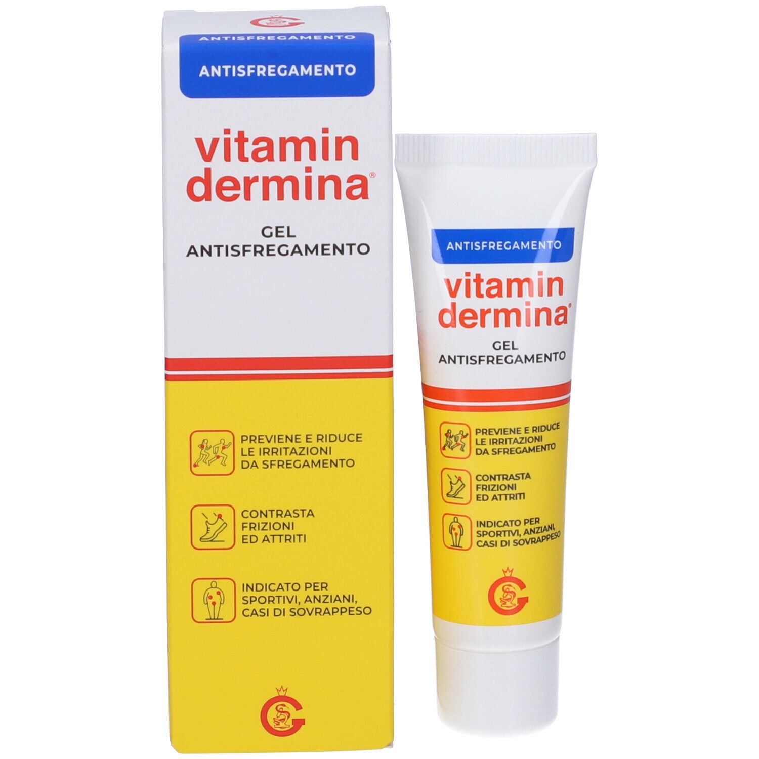 Confezione e tubo gel. VitaminDermina® Anti-Müdigkeits-Gel. Gel anti-sfregamento. Confezione e tubo.