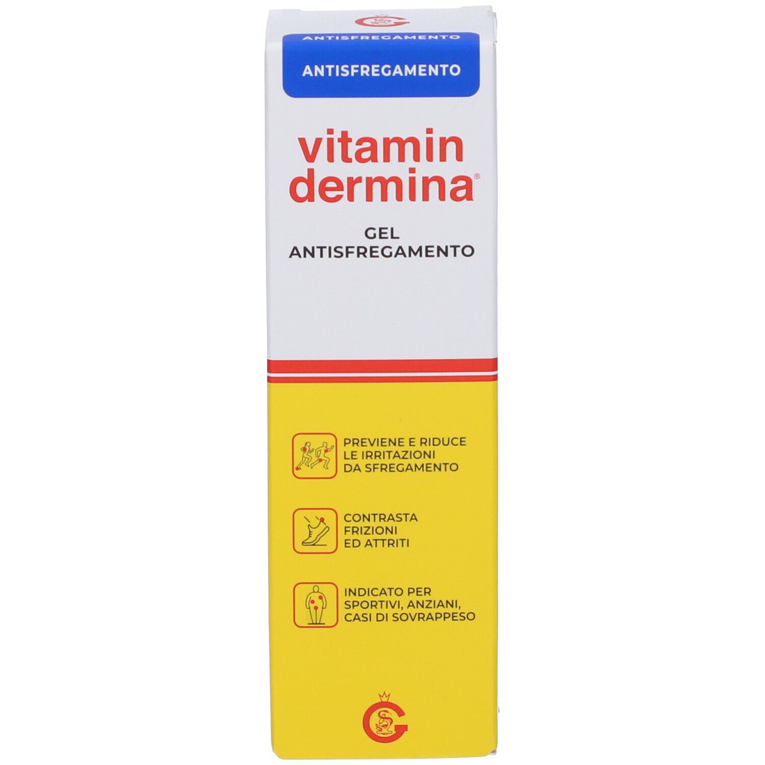 Confezione. VitaminDermina® Anti-Müdigkeits-Gel. Gel anti-sfregamento. Confezione con scritte gialle e rosse.