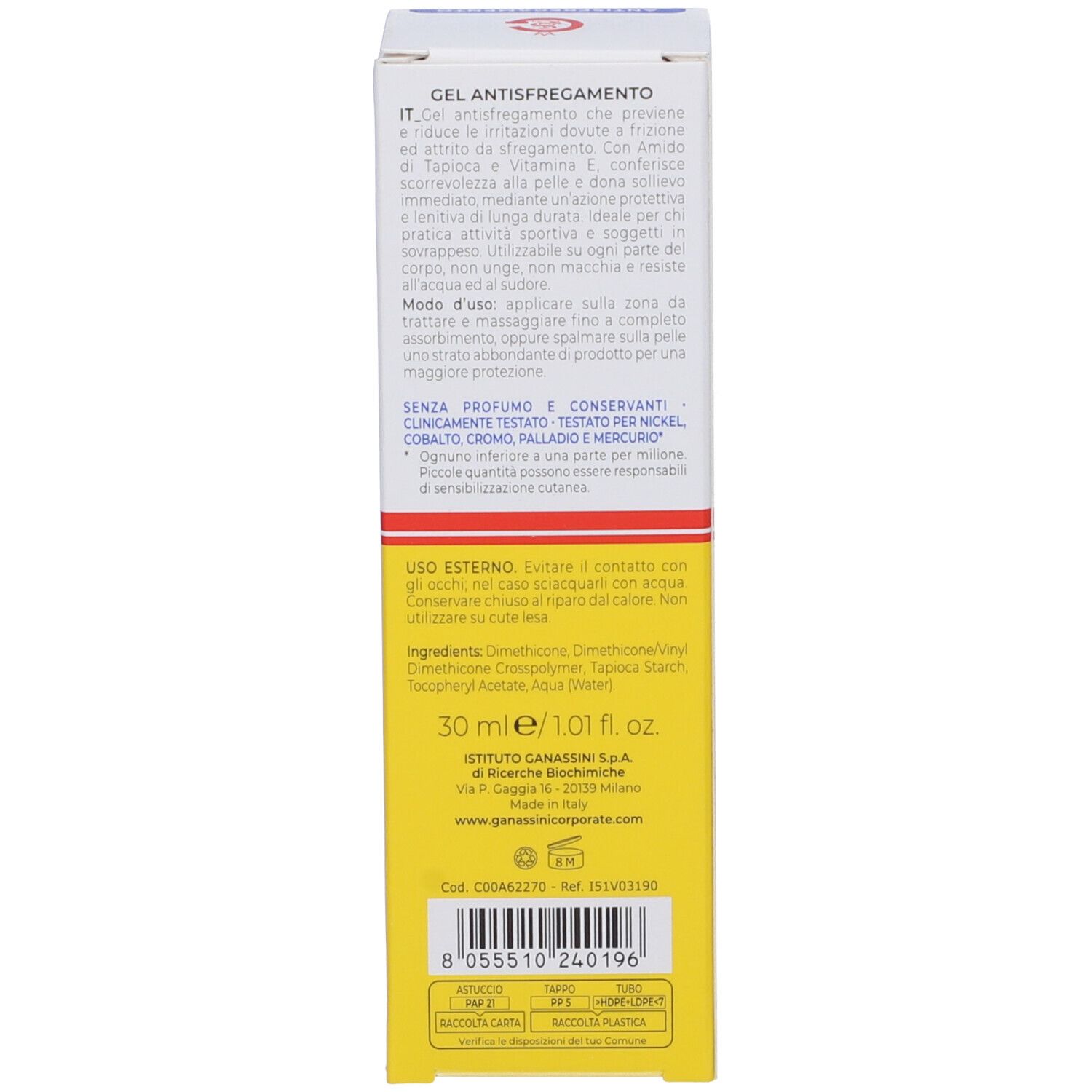 Retro della confezione. Testo in italiano e inglese. 30 ml. Ingredienti.