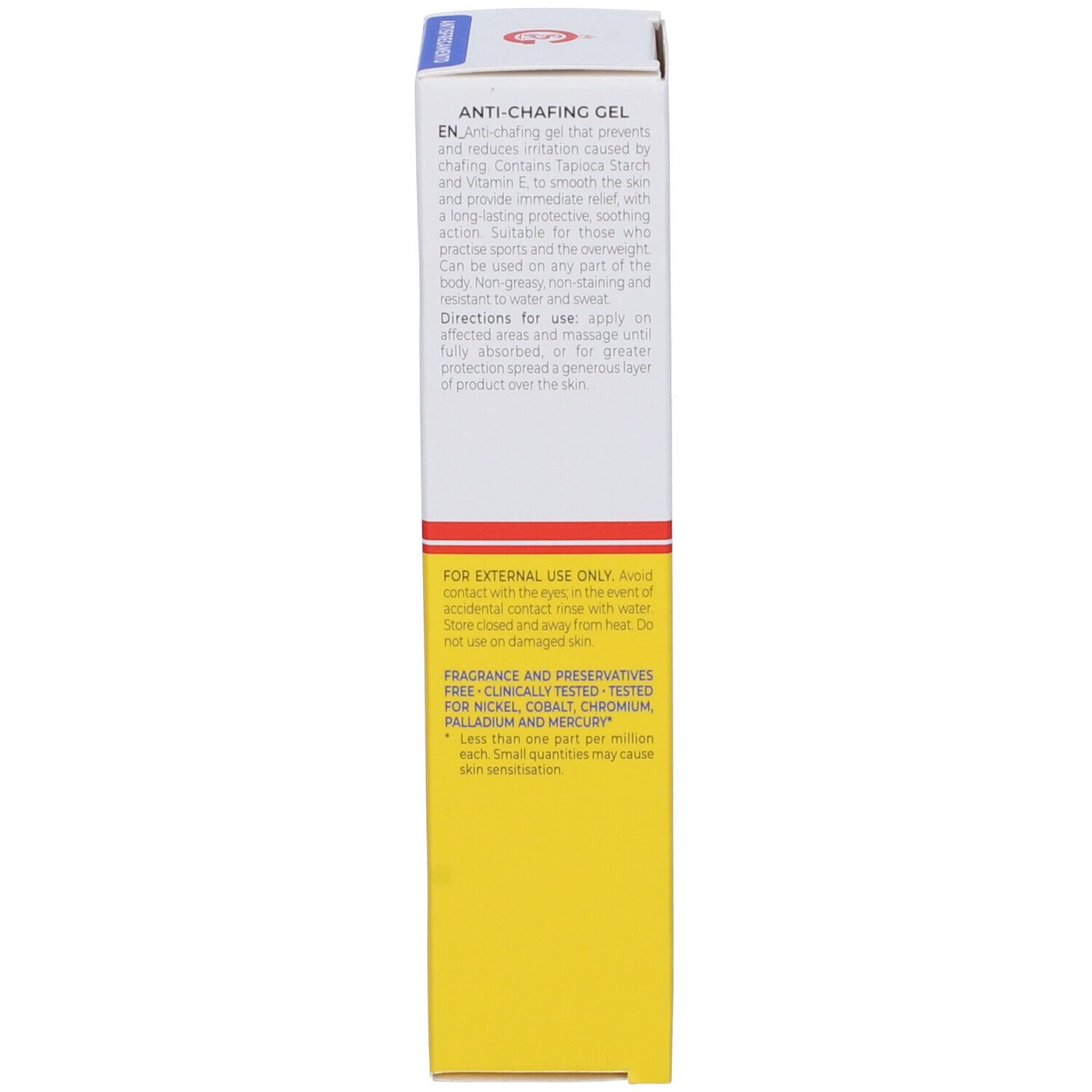 Lato della confezione. Testo in italiano e inglese. Gel anti-sfregamento. Ingredienti.