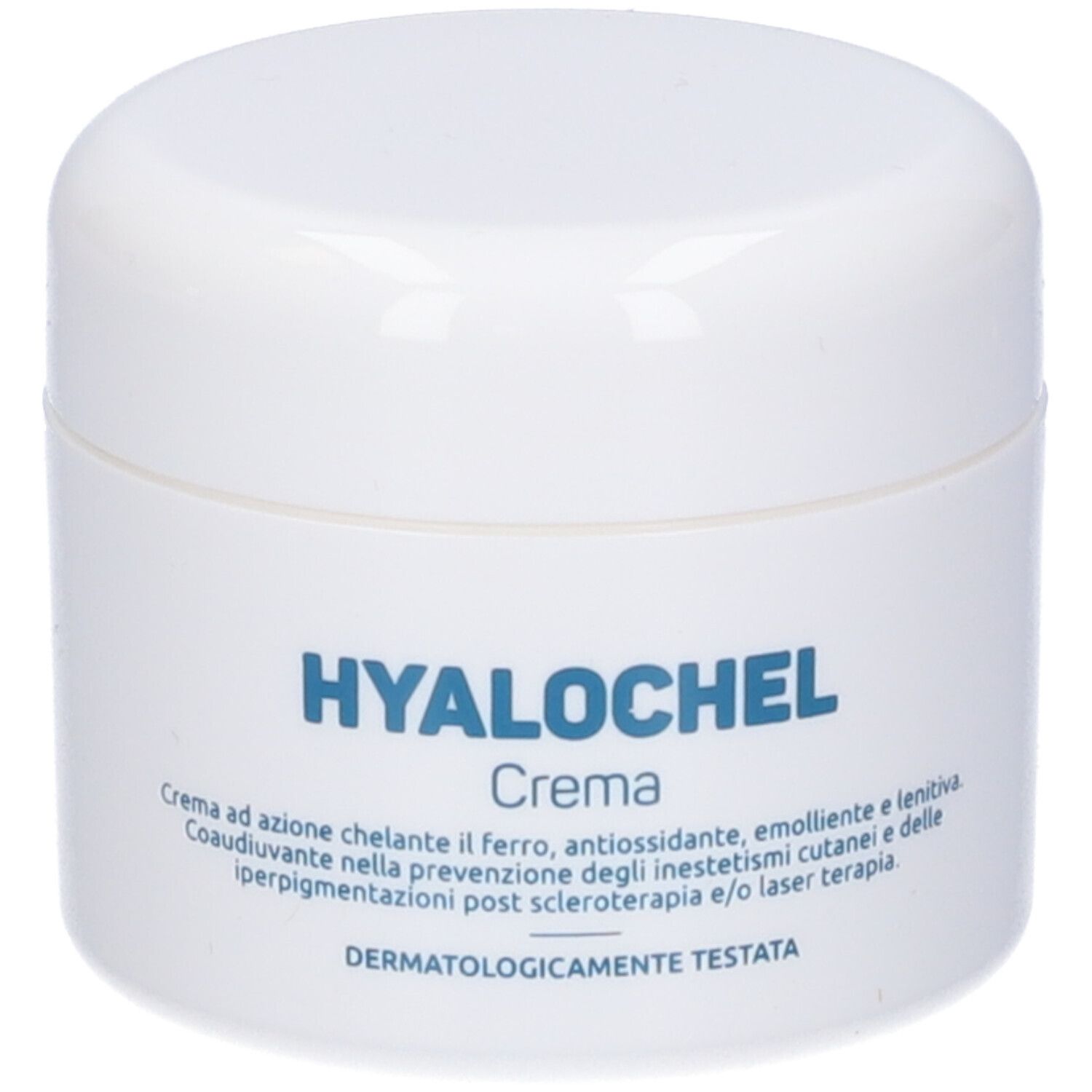 Vaso bianco con scritta "HYALOCHEL Creme". Testo: "Crema ad azione chelante... Dermatologicamente testata".