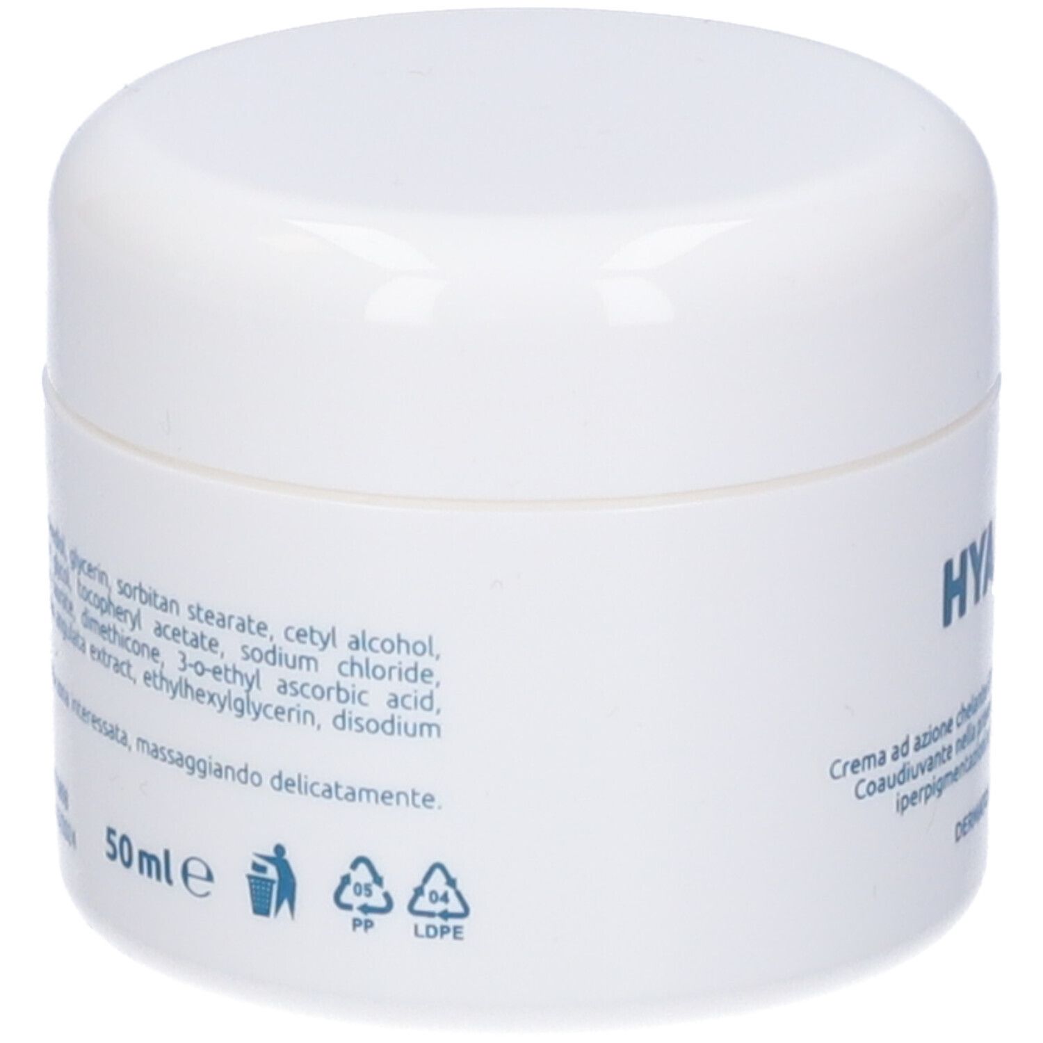 Vaso bianco con elenco ingredienti e testo. Scritta: "HYALOCHEL Creme".