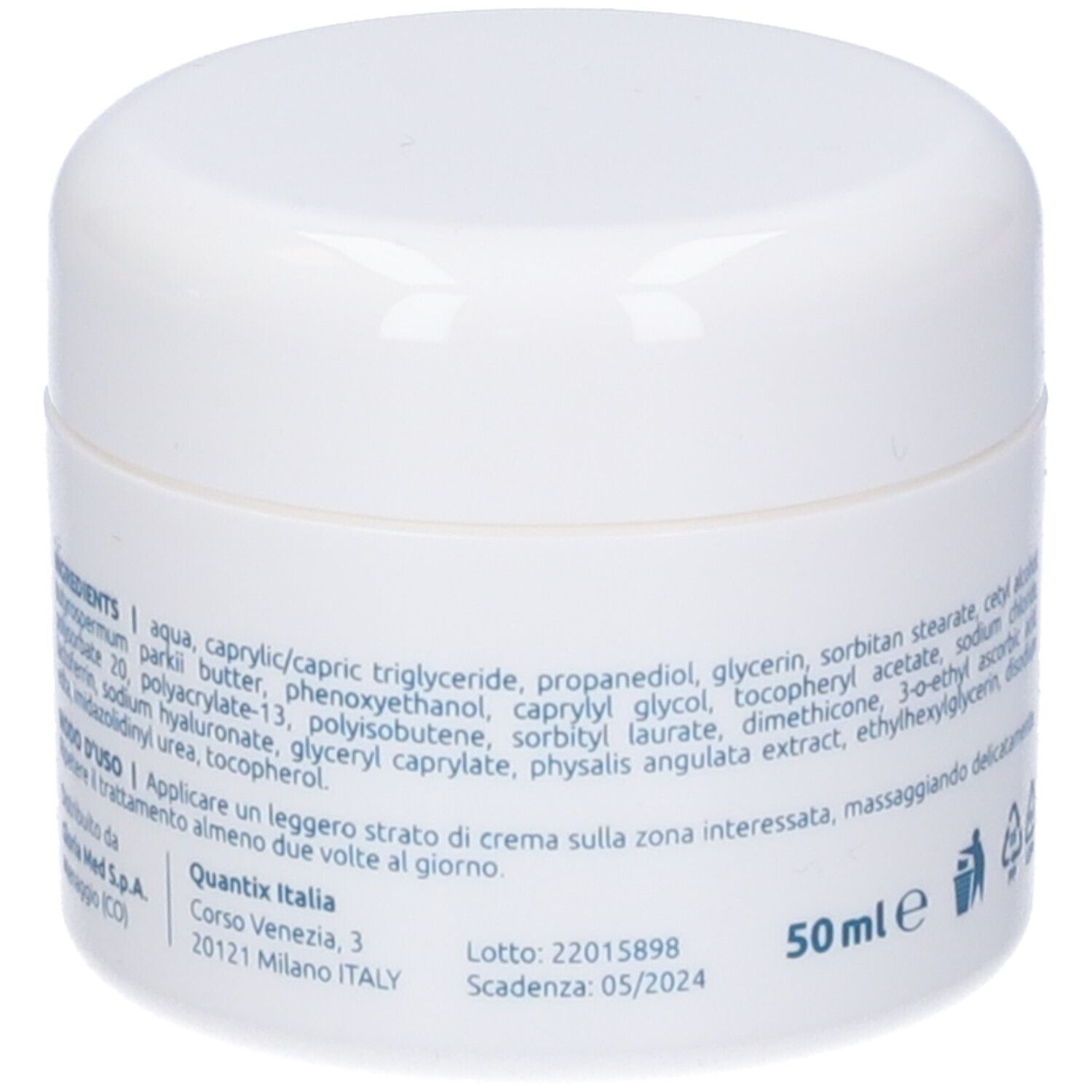 Vaso bianco con elenco ingredienti e testo. Scritta: "HYALOCHEL Creme". Volume: 50 ml.